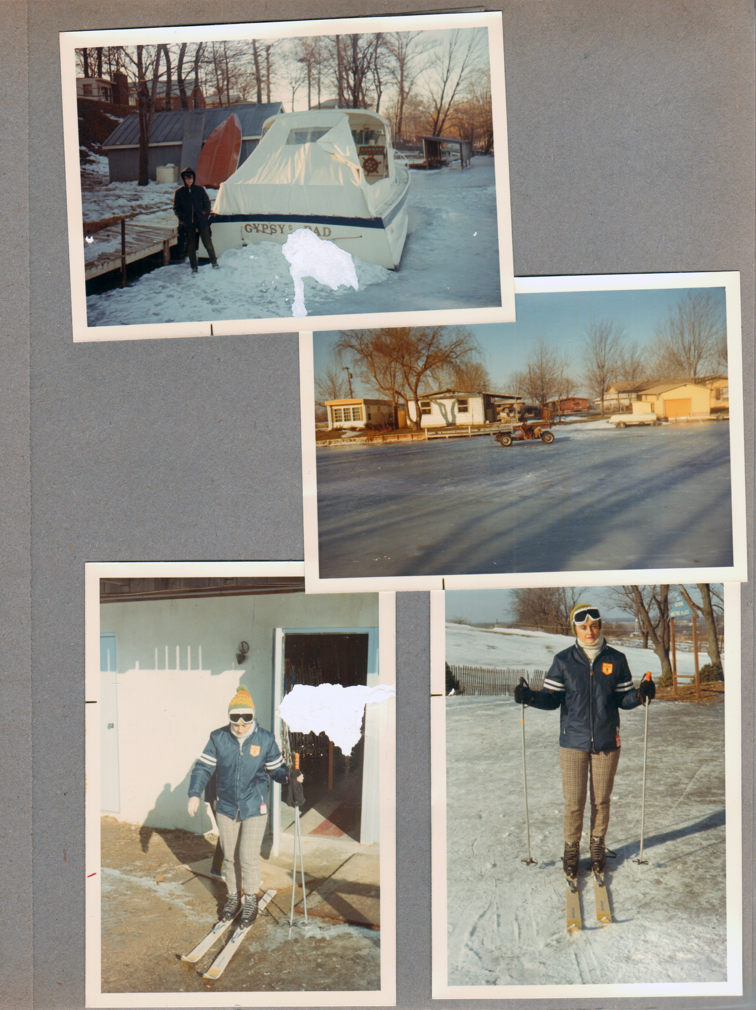 Wawasee - Alan in frozen channel next to boat in the ice. Old car on ice in channel. Mt. Wawasee - Rosemary.