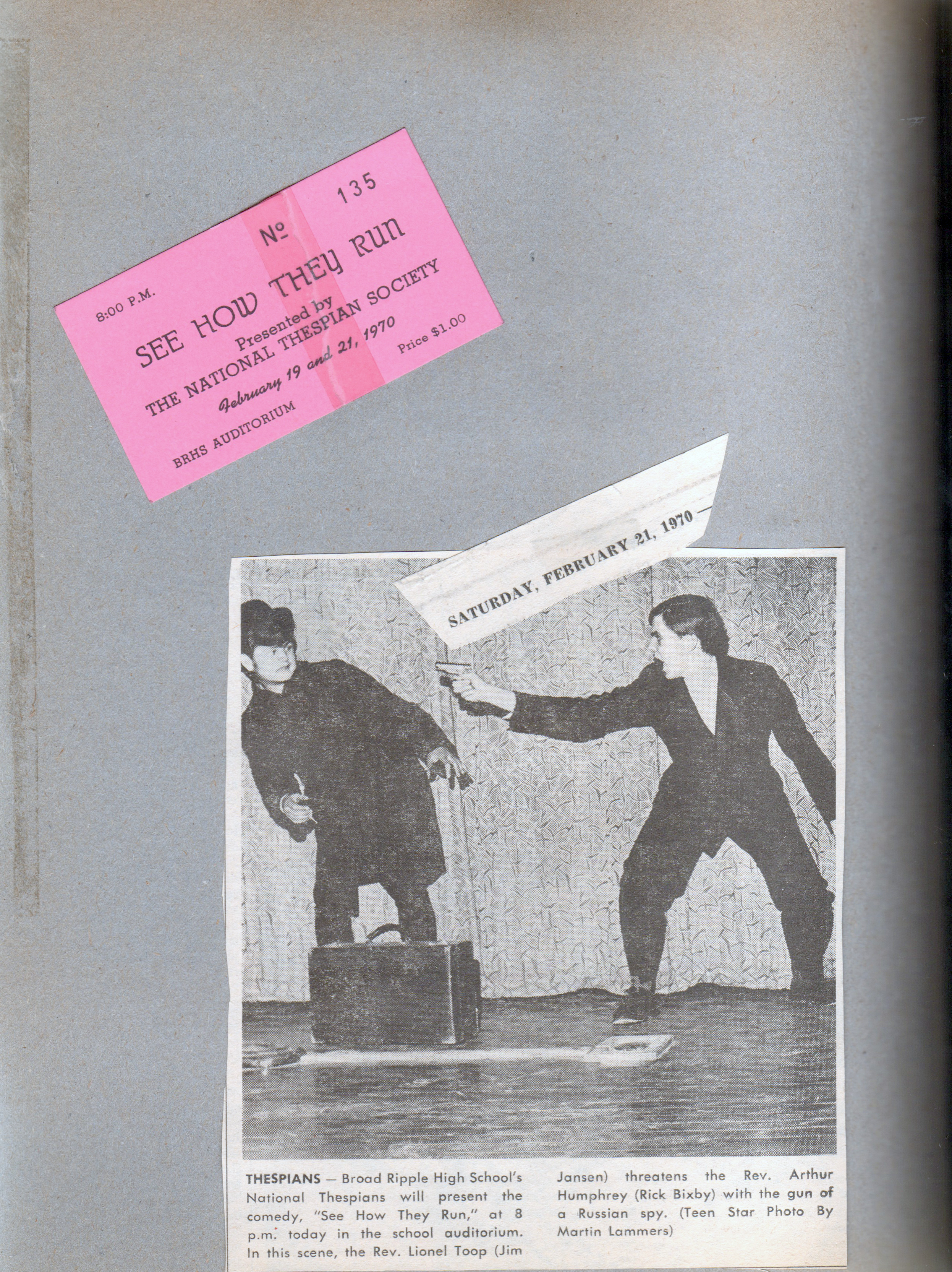 BRHS See How They Run ticket. newspaper clipping