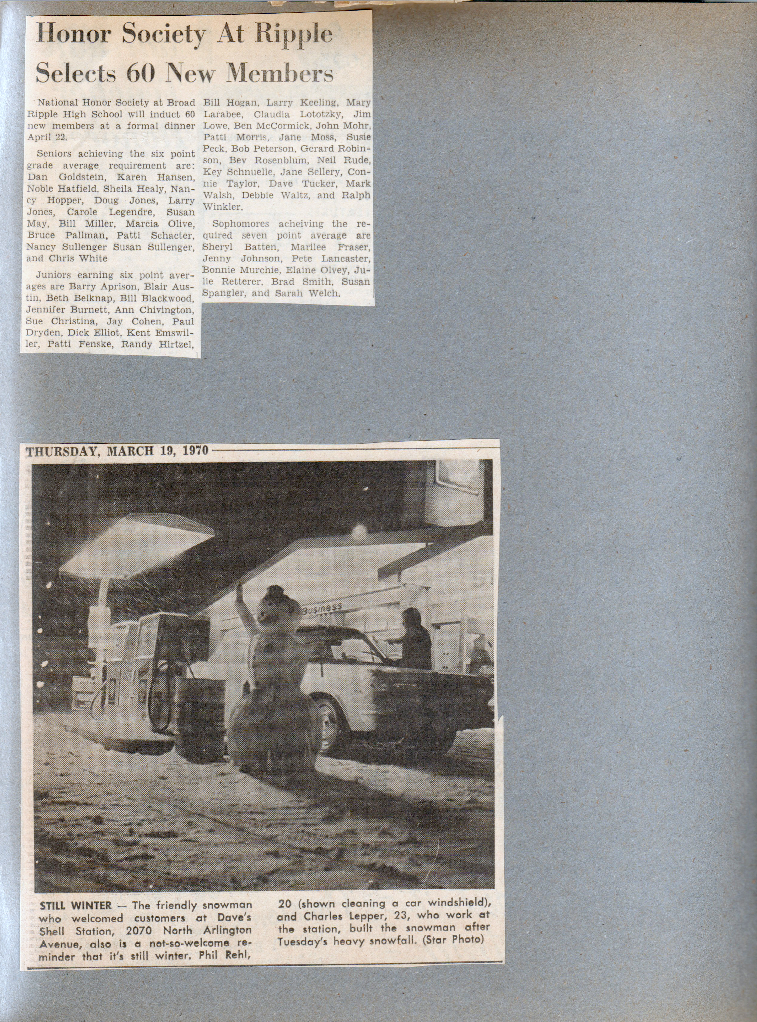 newspaper clipping - BRHS Honor Society. Dave's Shell station snowman.