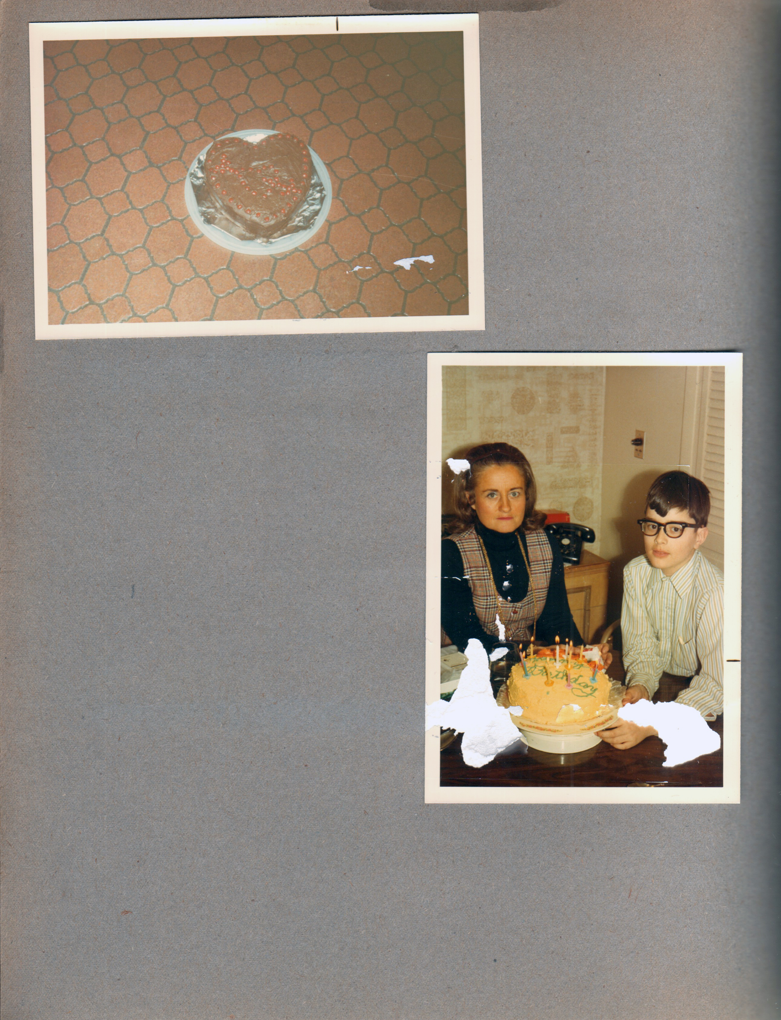 6122 kitchen - heart cake on the floor. Rosemary and Alan with cake.