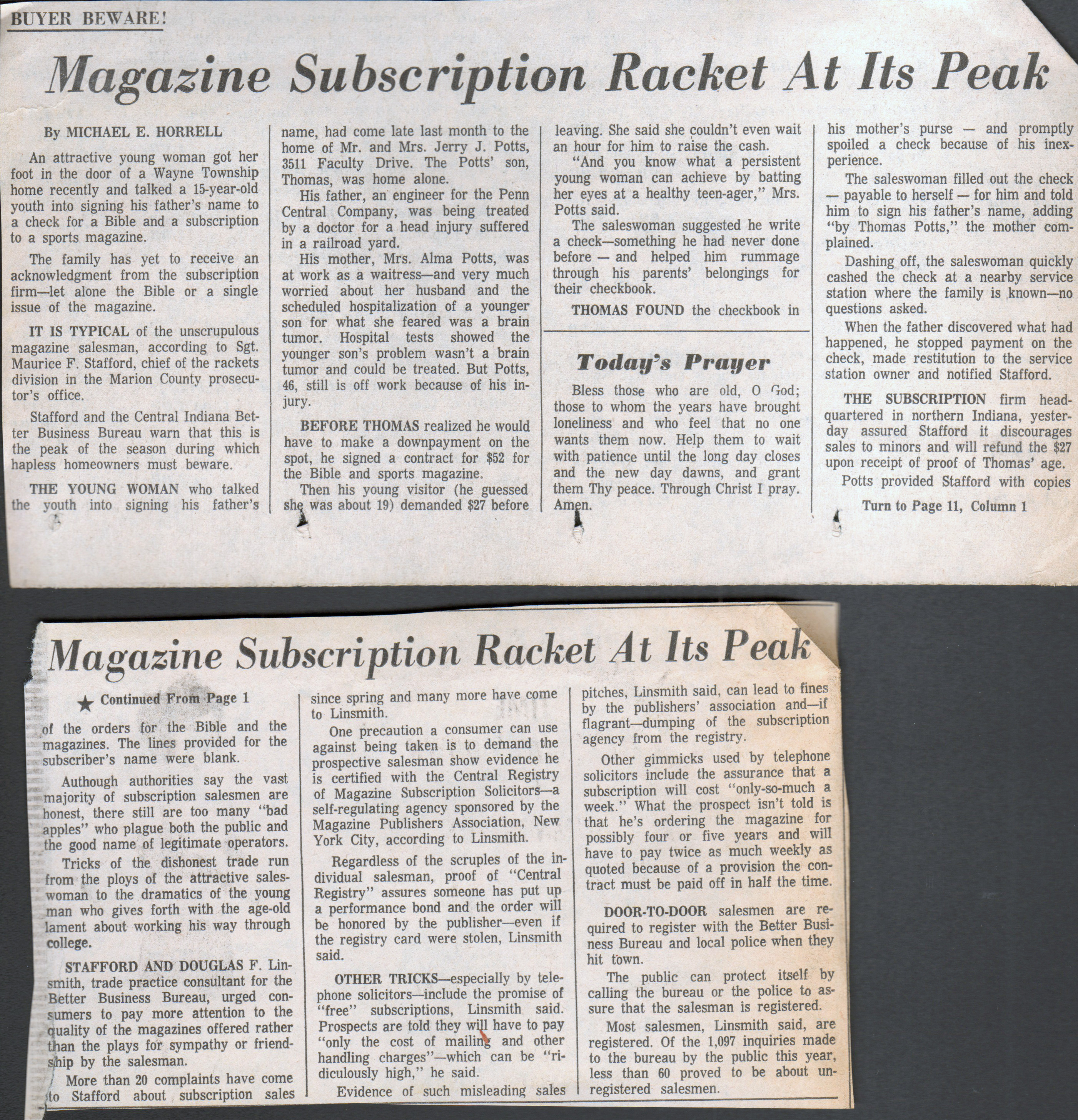newspaper clipping - magazine subscription racket.