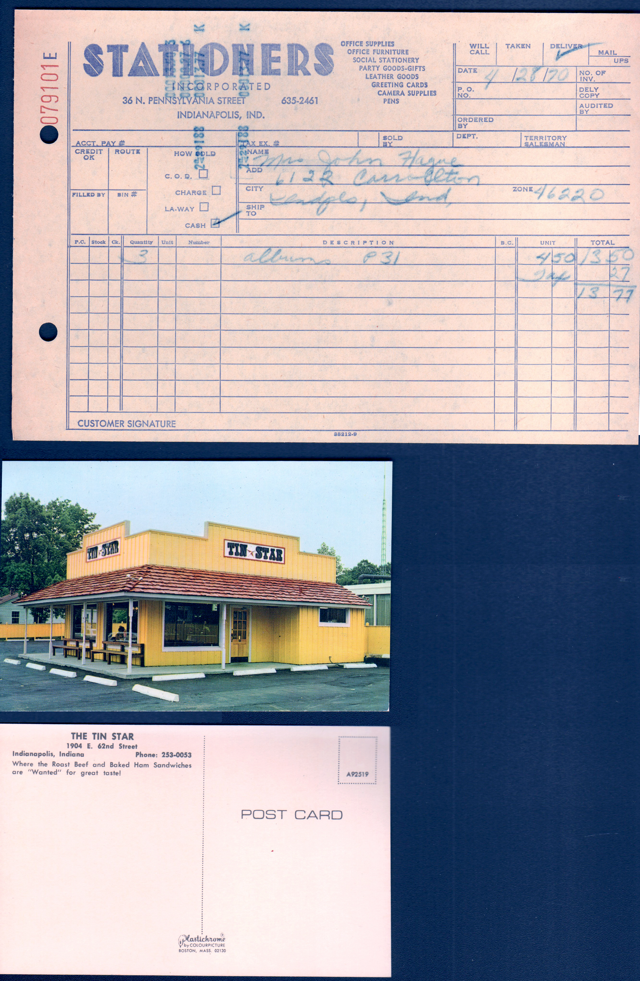 loose items - Stationers photo album receipt. postcard Tin Star 1904 E 62nd A92519