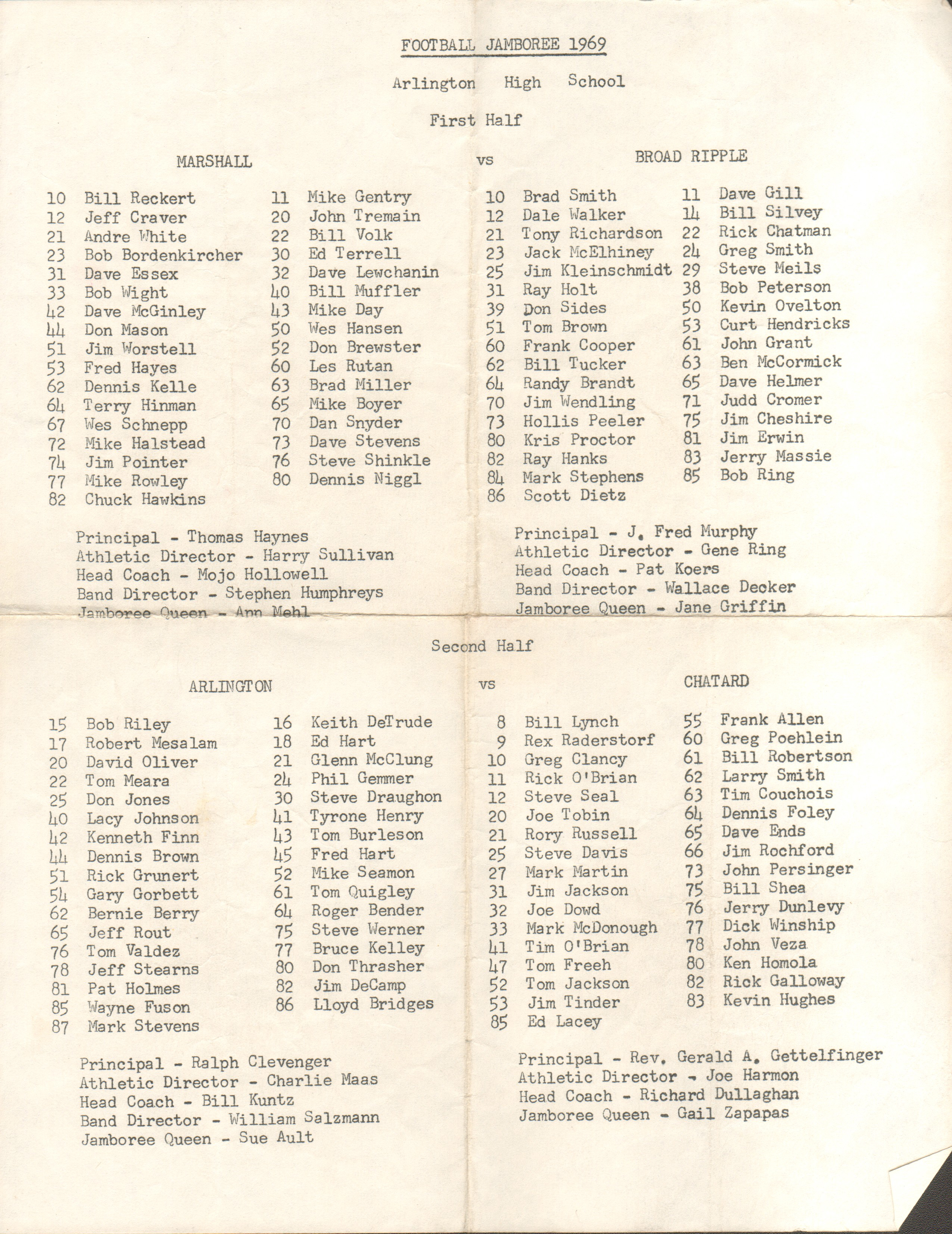 loose items - Football Jamboree 1969 roster - Marshall, Broad Ripple, Arlington, Chatard