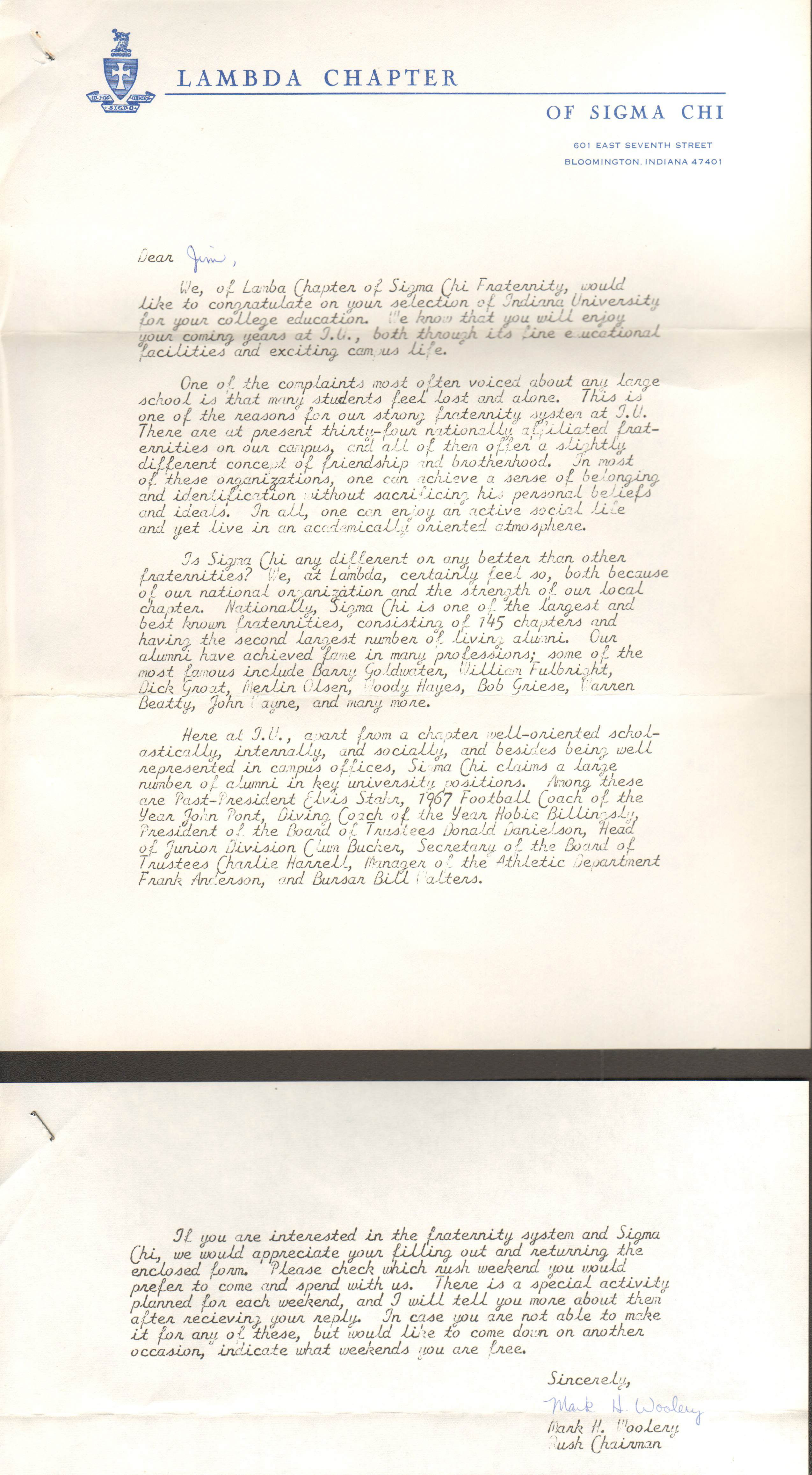 loose items - Lambda Chapter of Sigma Chi letter