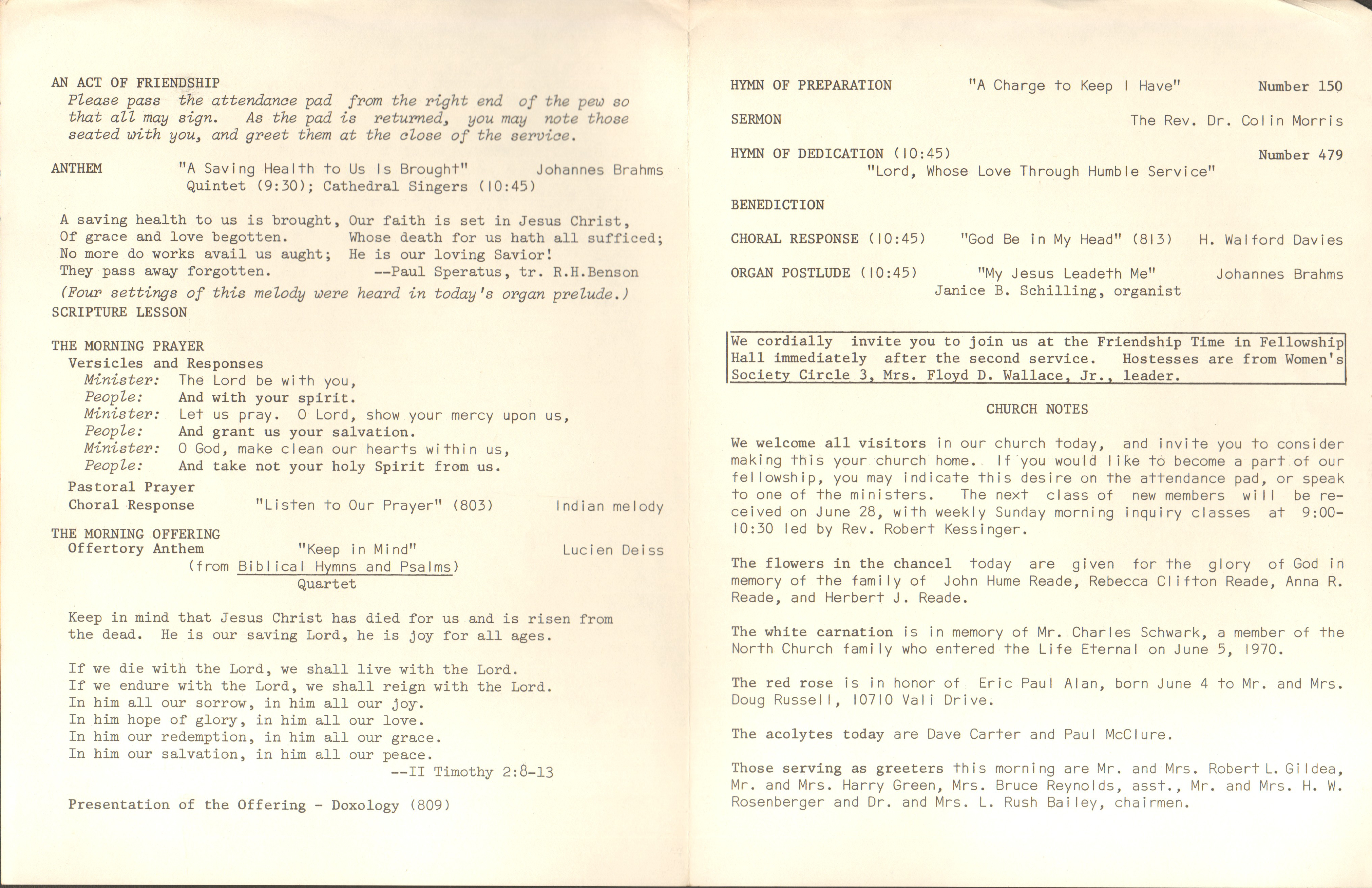 loose items - North United Methodist Church program June 14 1970