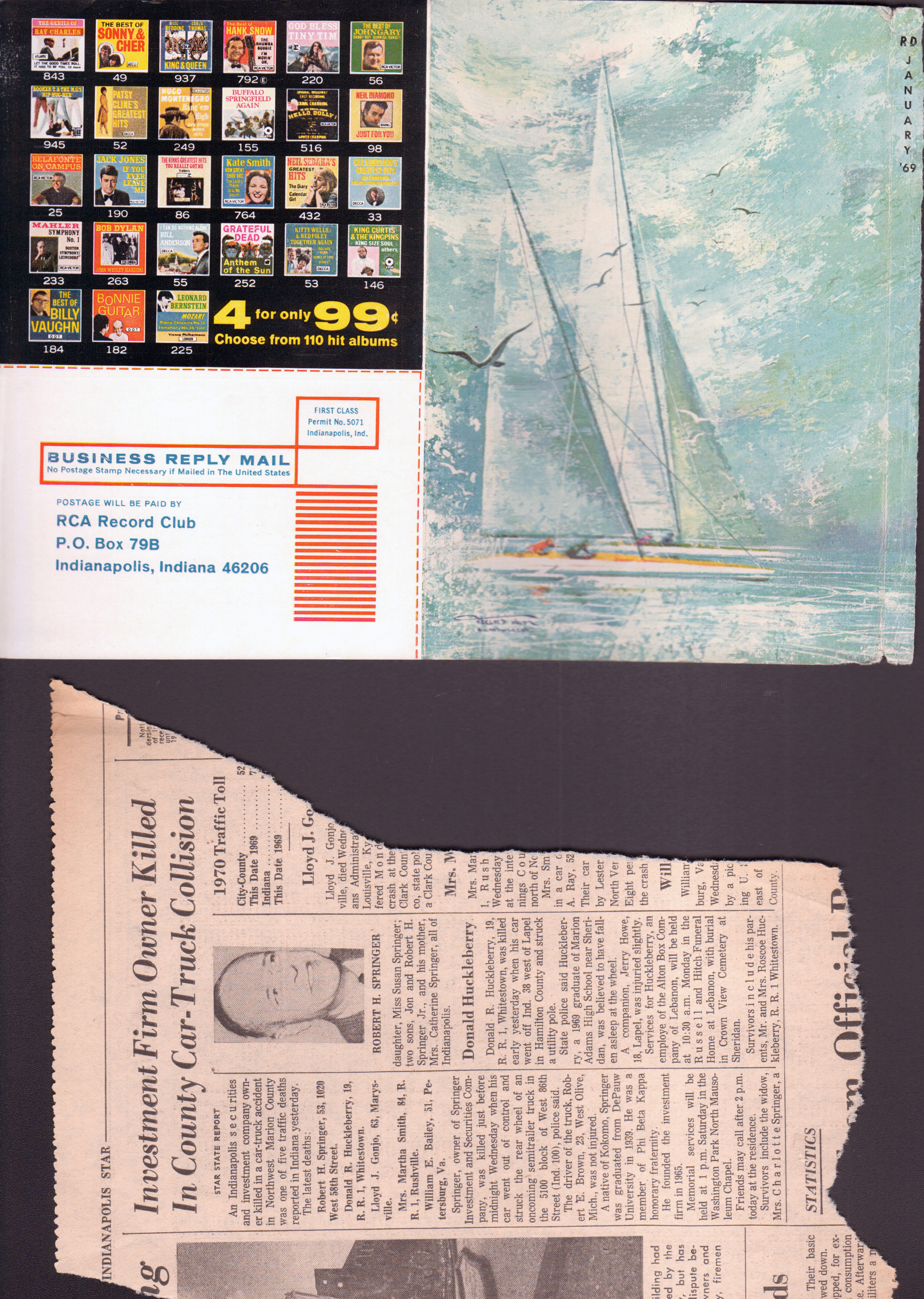loose items - cover from Readers Digest - sailboat - RCA Record Club ad. newspaper clipping - Robert Springer killed