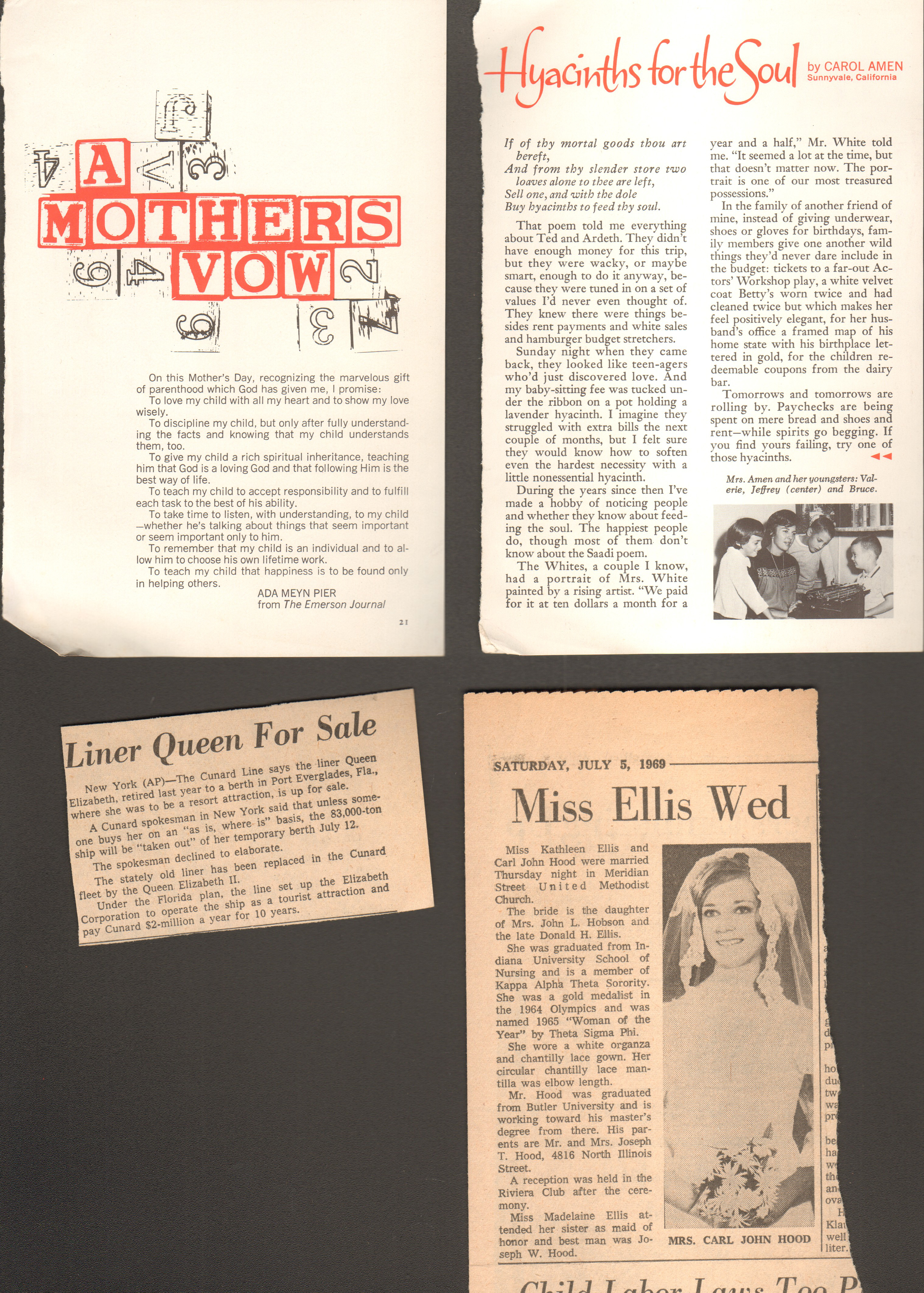 loose items - Readers Digest - A Mother's Vow. Hyacinths for the Soul. newspaper clipping - Queen Elizabeth liner for sale. Miss Ellis Wed.