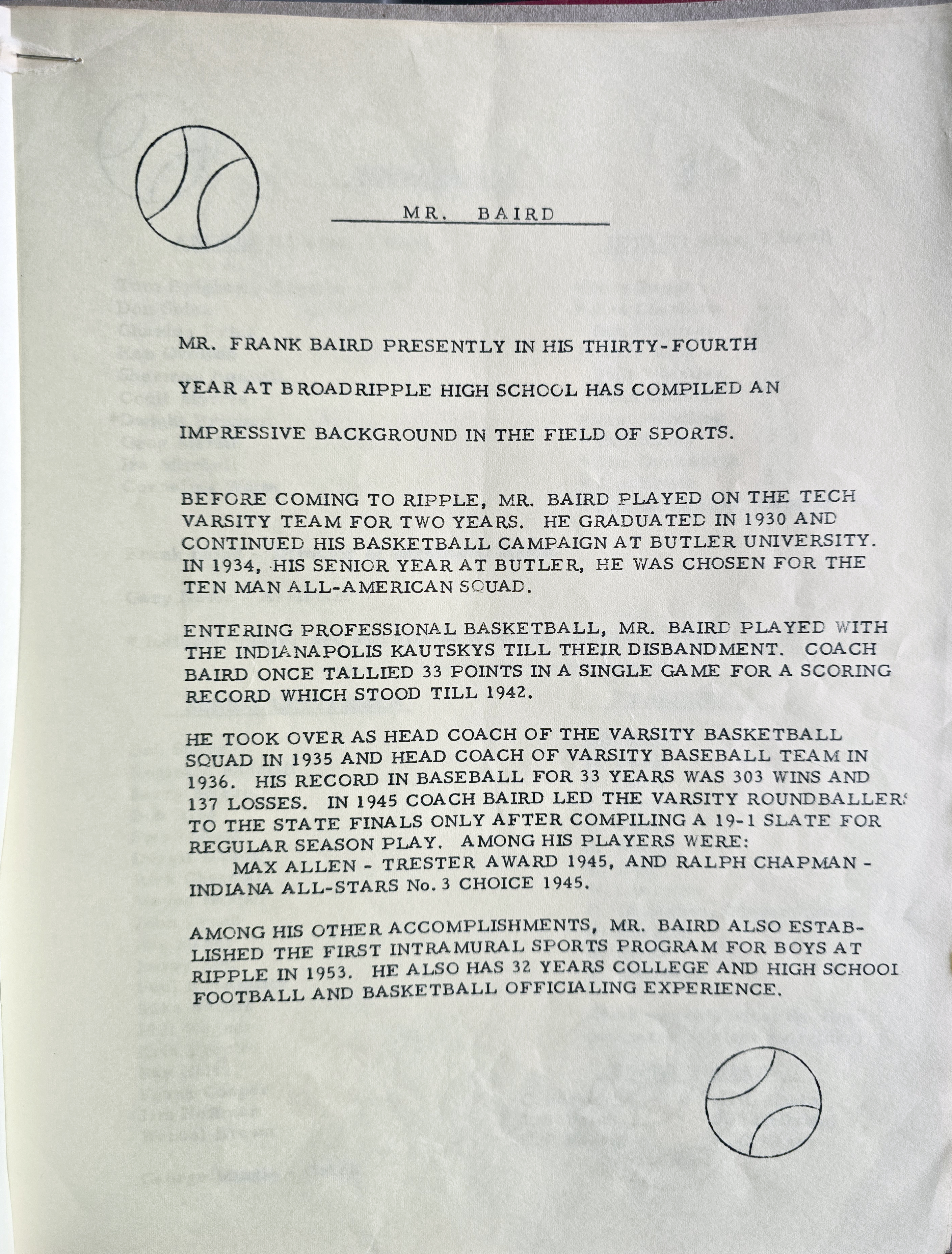 loose items - BRHS letter Frank Baird 34th year