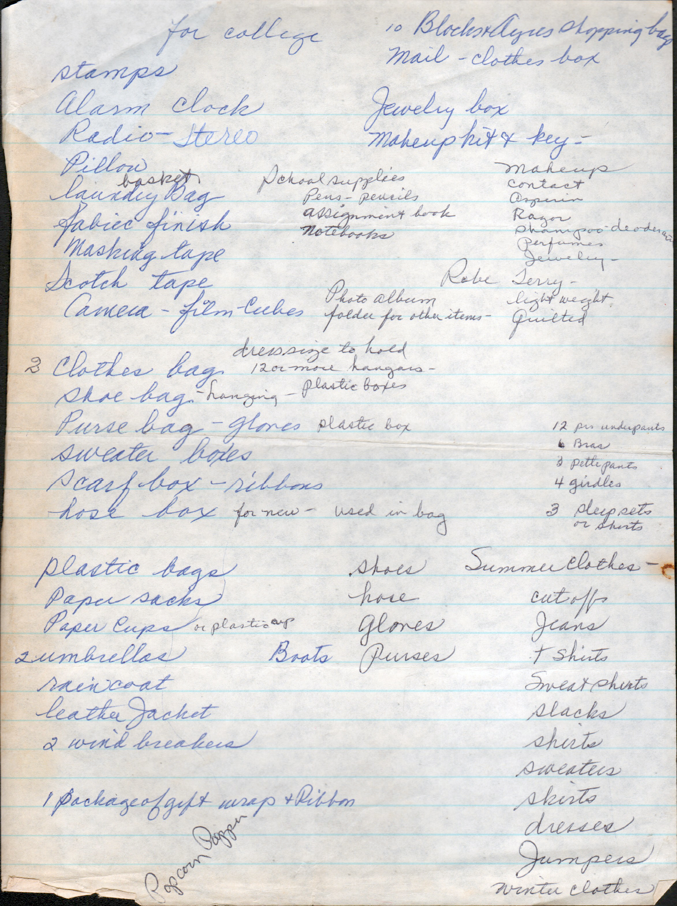 Rosemary made list for Susan for college