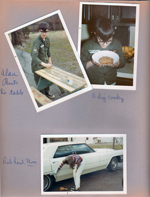 6122 yard - Alan painting table. Kitchen - Alan with large chocolate chip cookie. Rosemary washing Cadillac in driveway