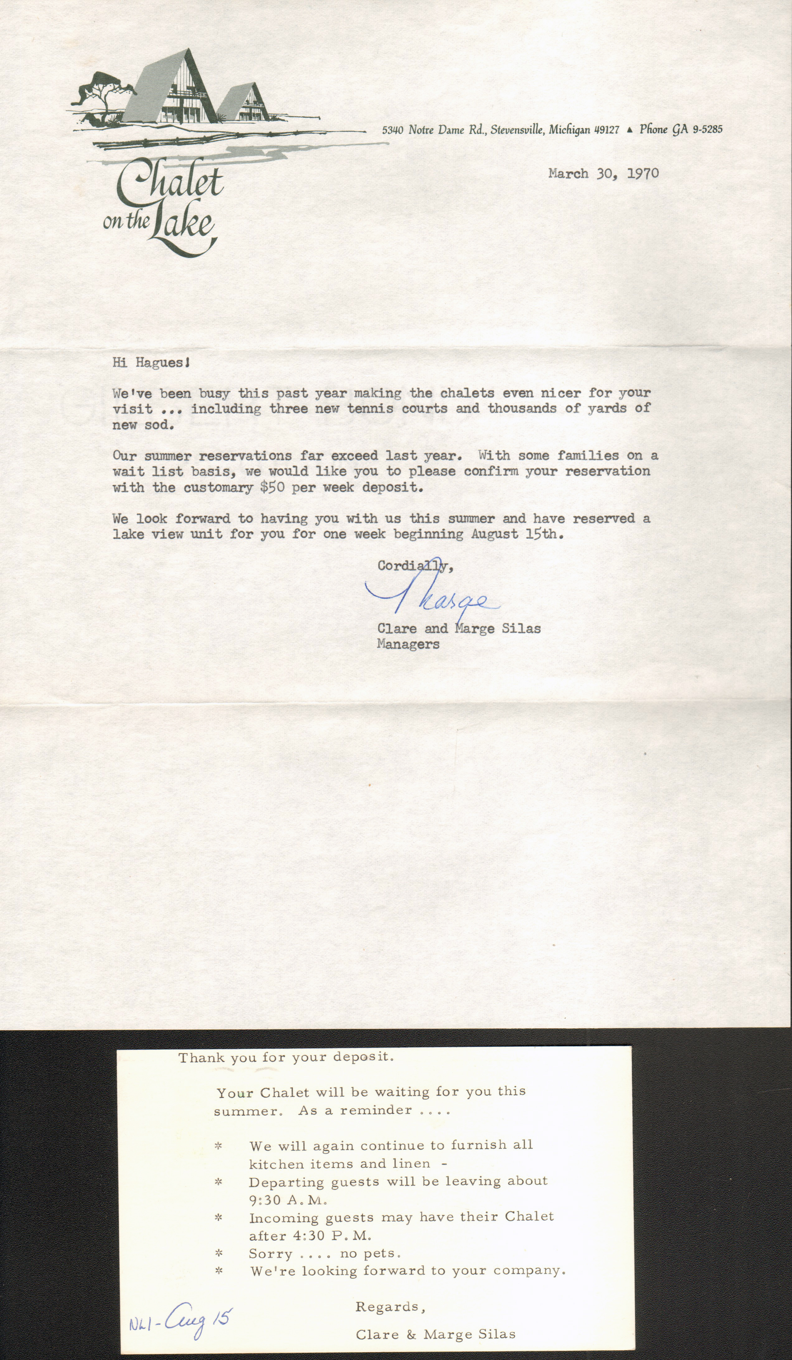 Chalet on the Lake letter - reservation