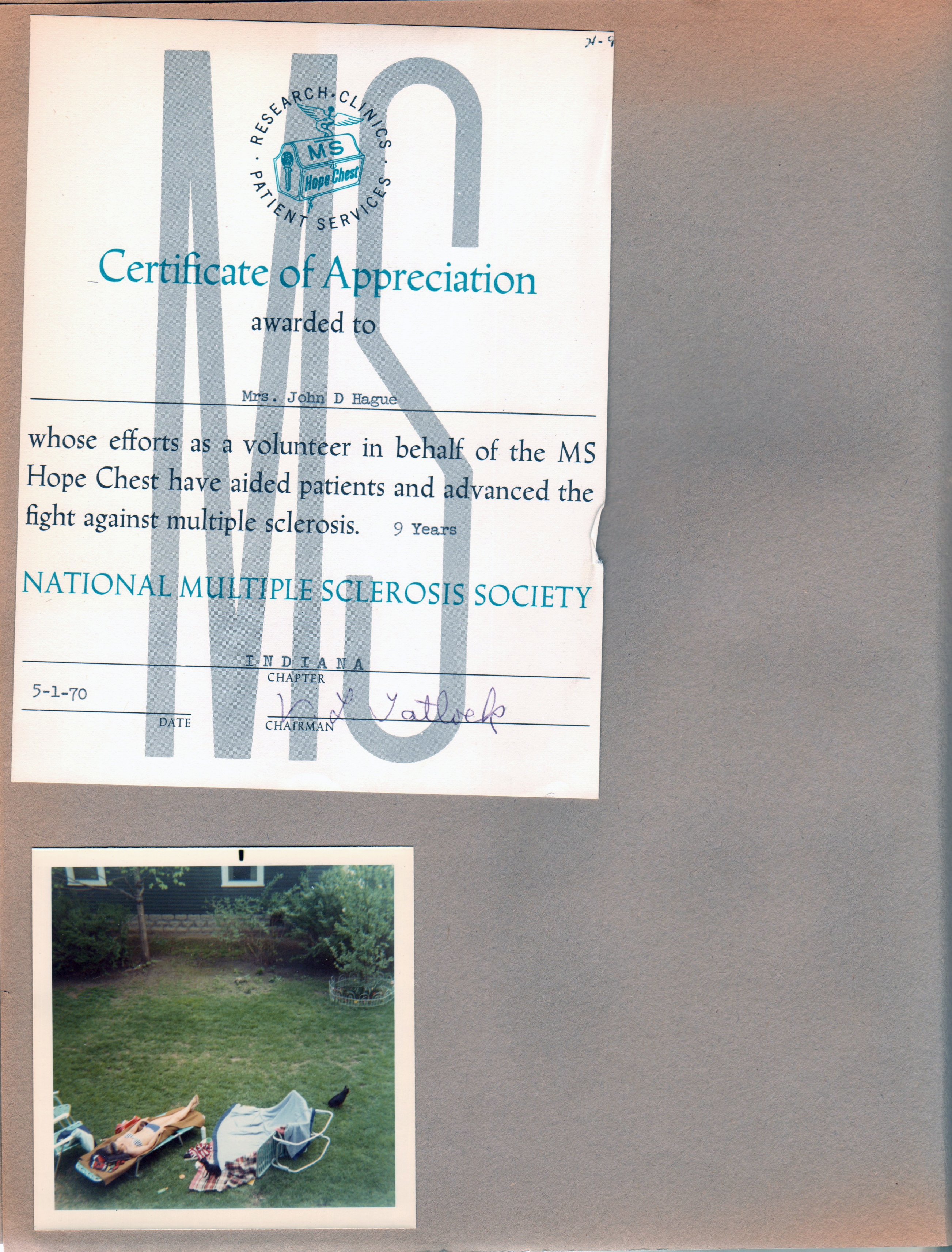 MS Hope Chest certificate, 6122 yard from upstairs window - Rosemary, Princess and Shakespeare.