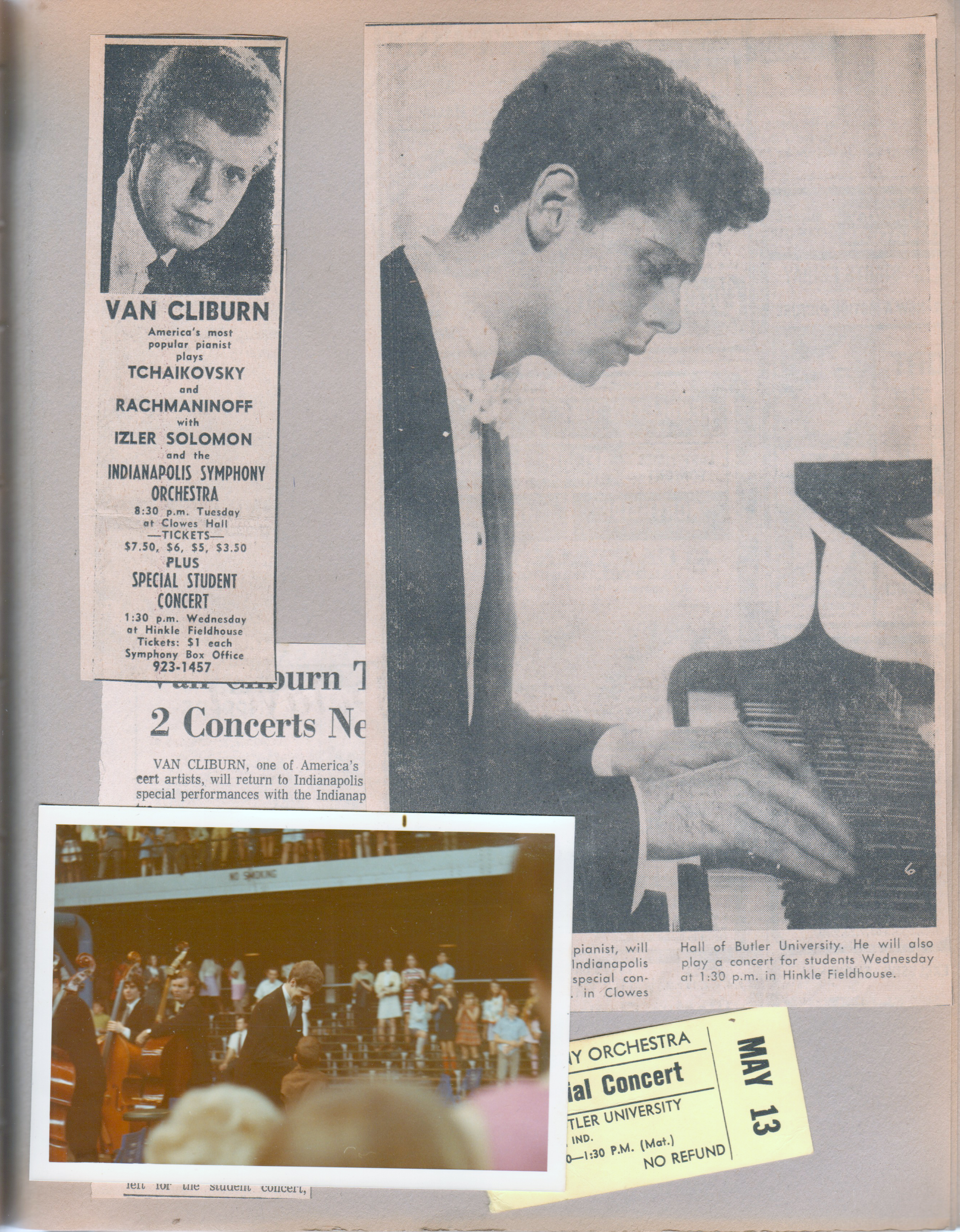 newspaper clipping - Van Cliburn. Ticket