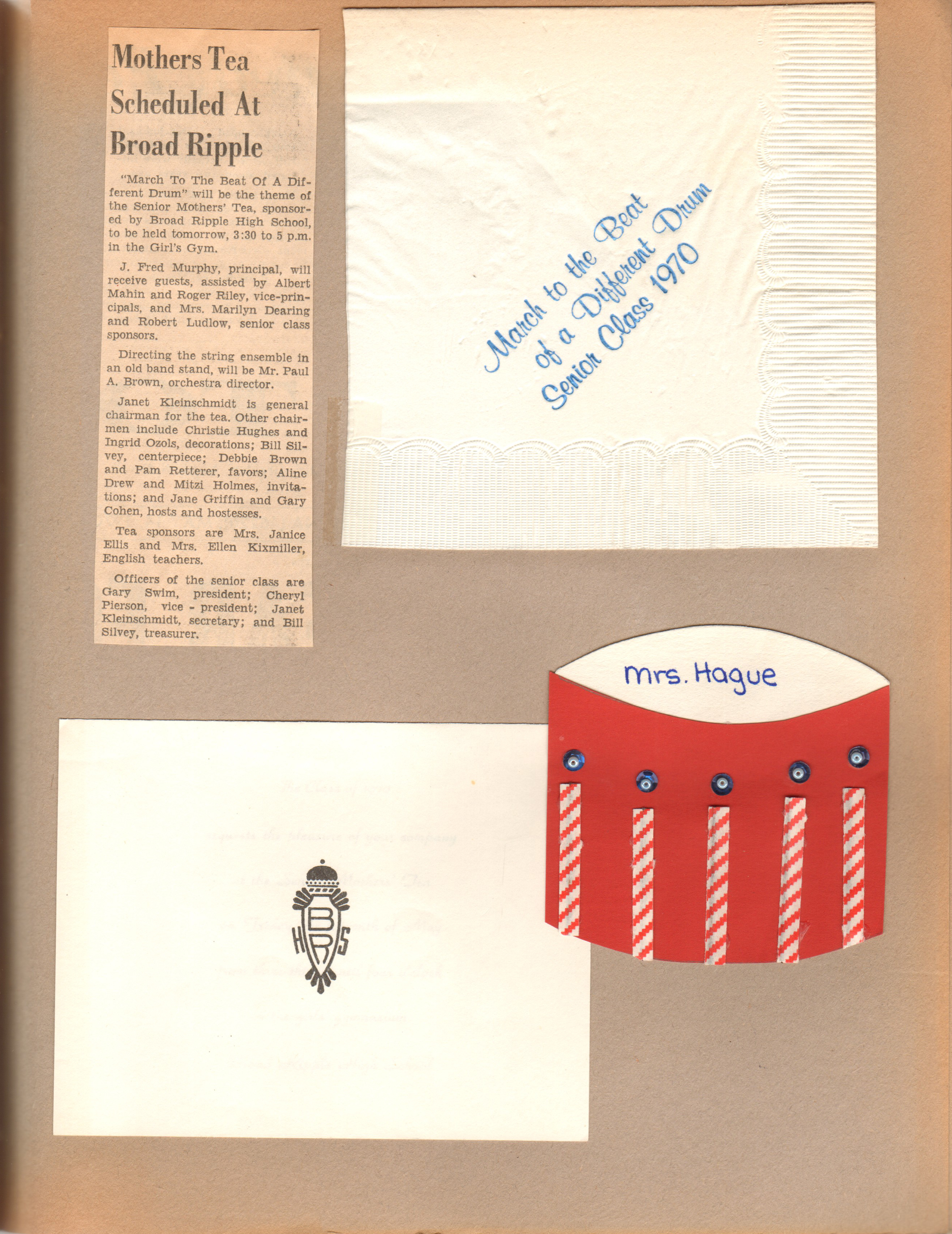 newspaper clipping - BRHS Mothers Tea. Name tag, napkin and invitation.