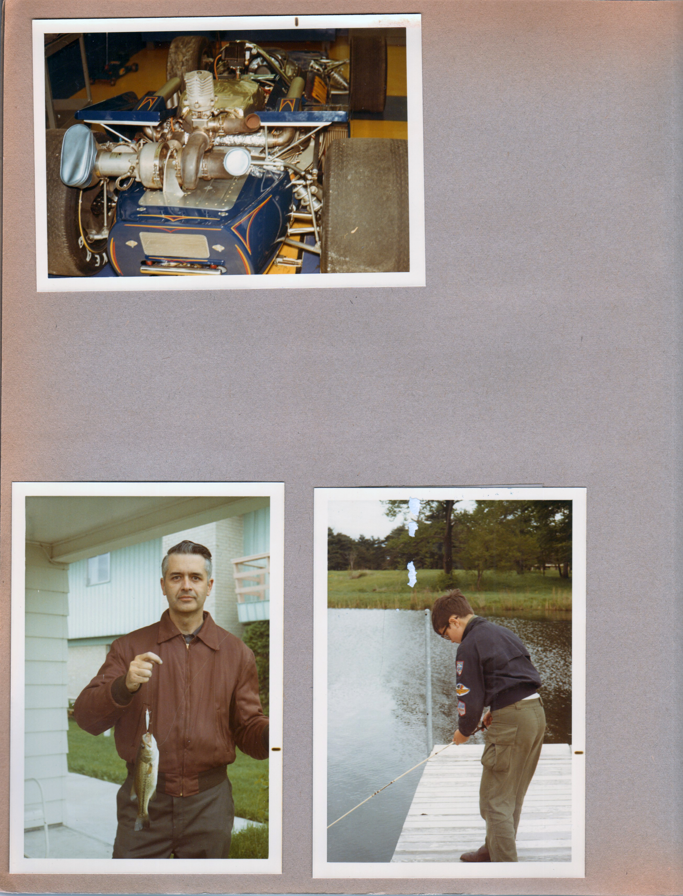 Indy Speedway - racecars. Wawasee - John with bass. Alan fishing.