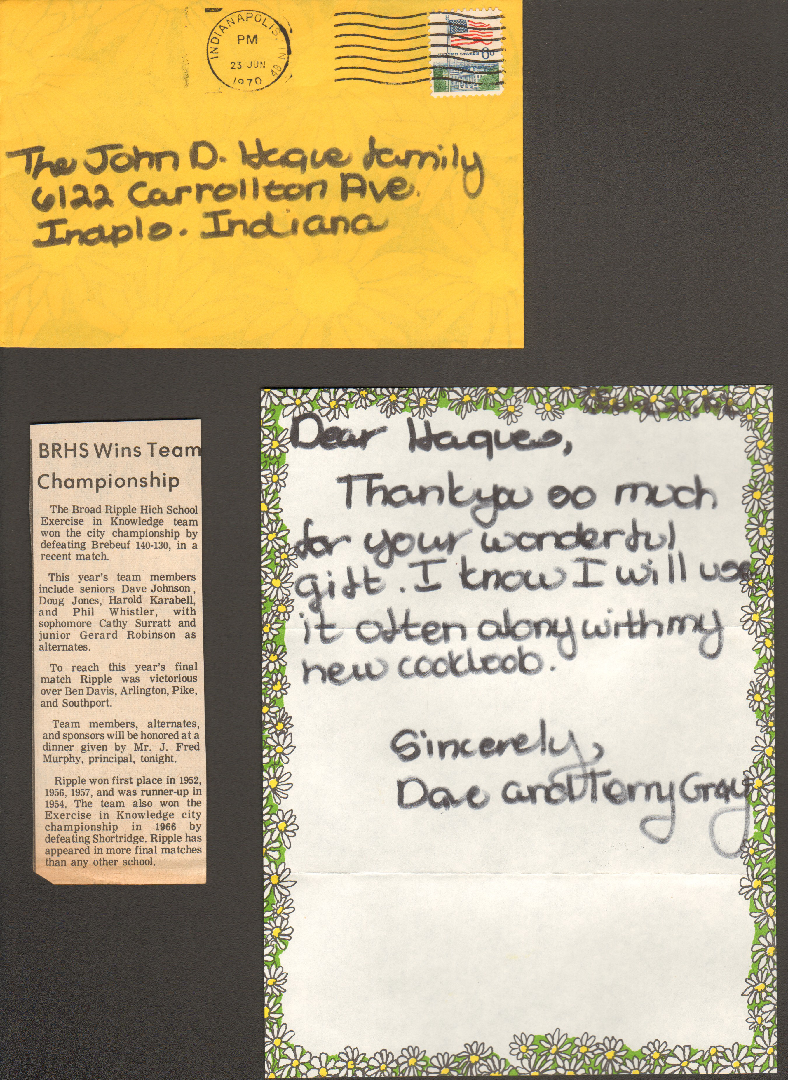 newspaper clipping - BRHS Exercise in Knowledge. Thank you note from Dave and Terry Gray.