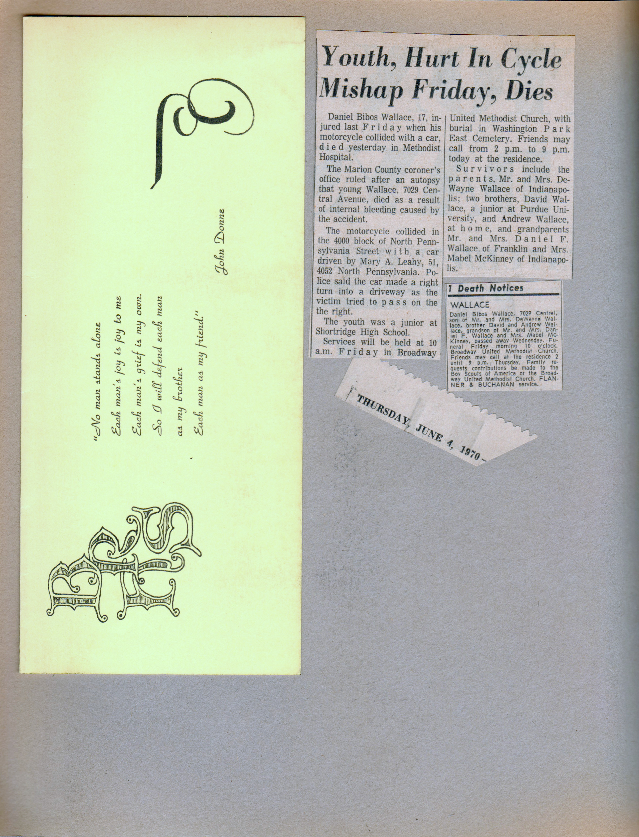 BRHS poem. newspaper clipping - Daniel Wallace dies - Andy Wallace's brother