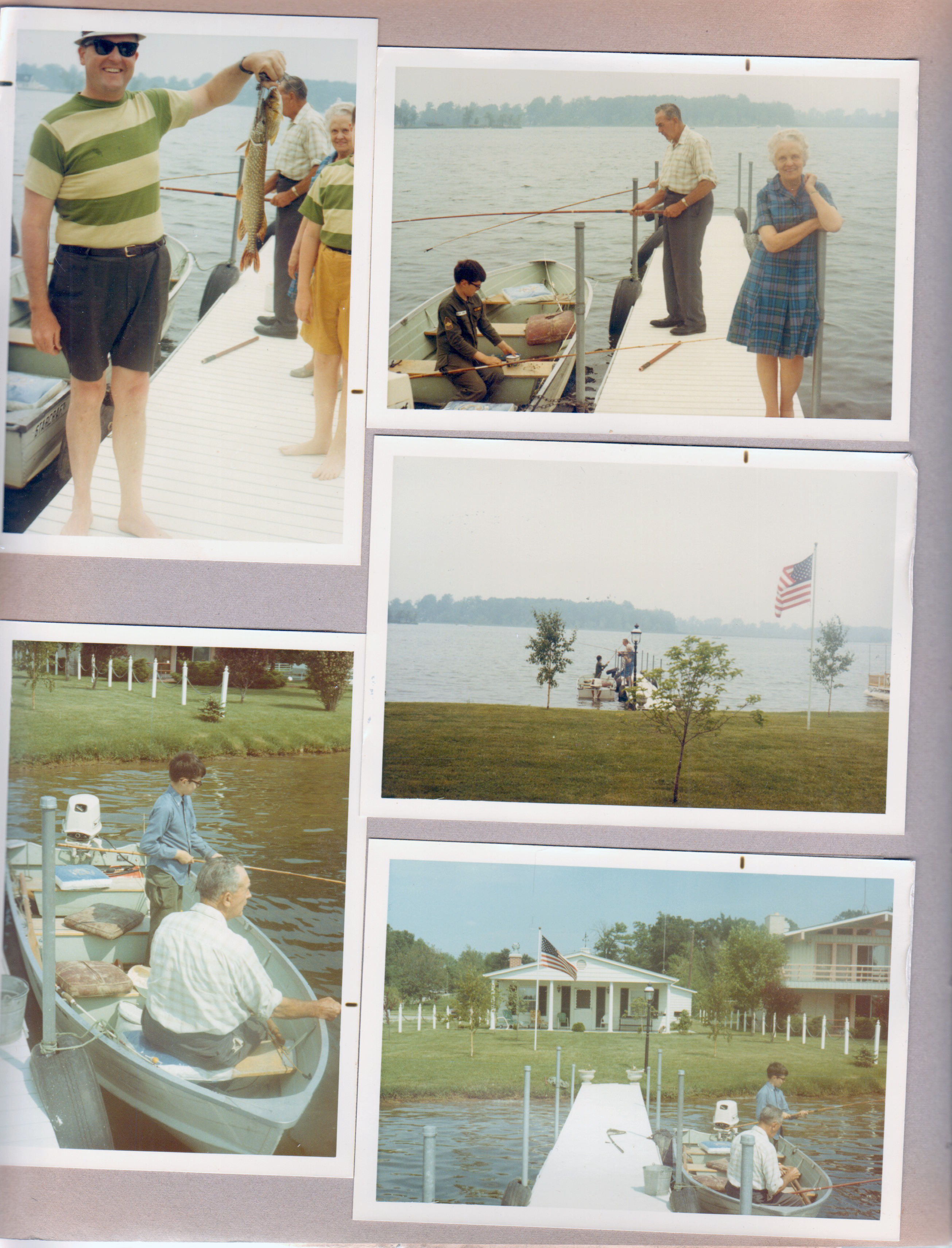 Wawasee - fishing. Alan, Girstle, Helen. Rowboat. Front of house.