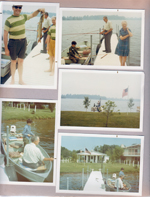 Wawasee - fishing. Alan, Girstle, Helen. Rowboat. Front of house.