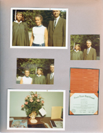 6122 yard - Susan graduation gown, Rosemary, John. BRHS diploma. Susan's flowers in woman's head vase on TV.