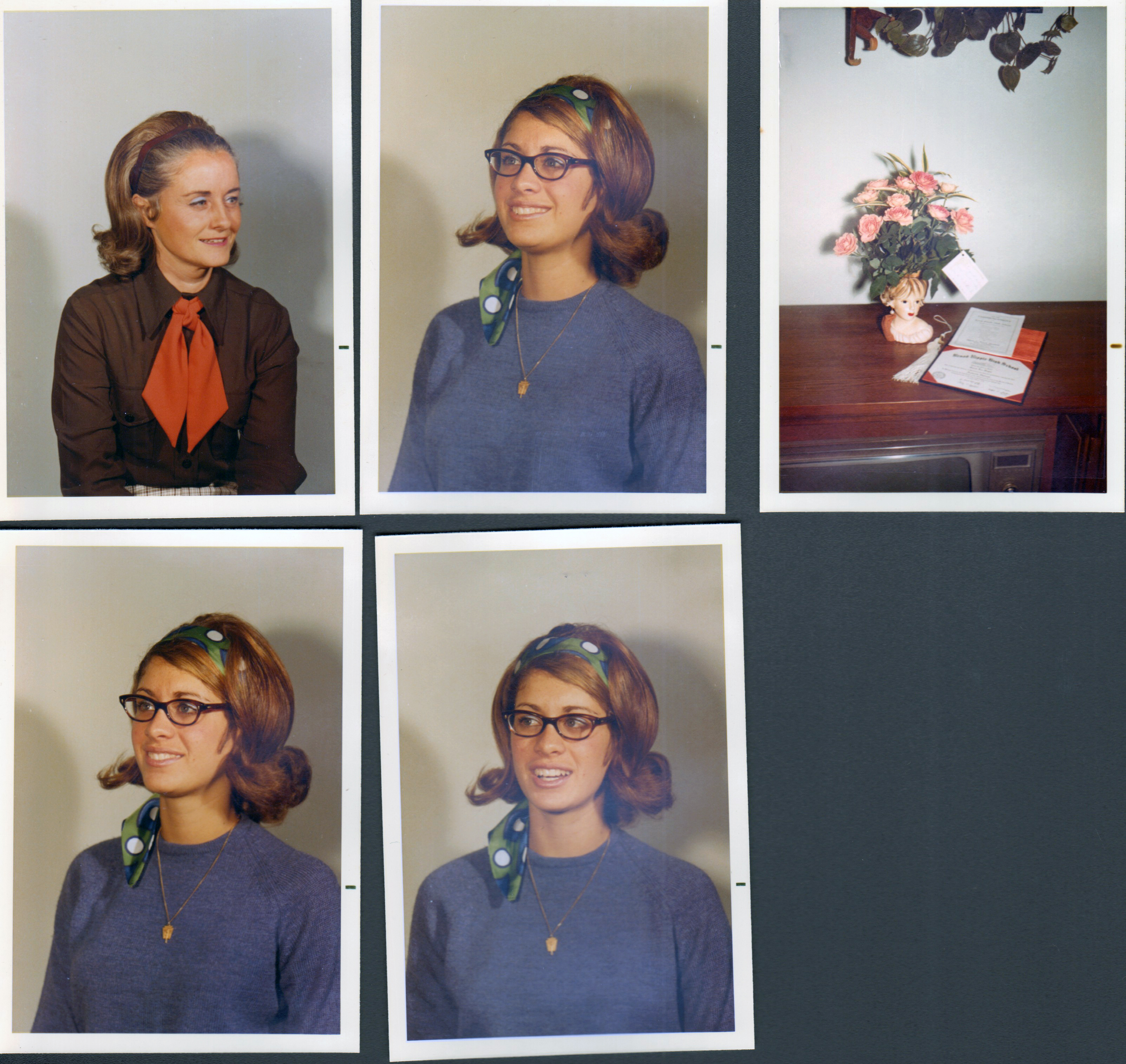 portraits - Rosemary, Susan. Susan's flowers in woman's head vase on TV