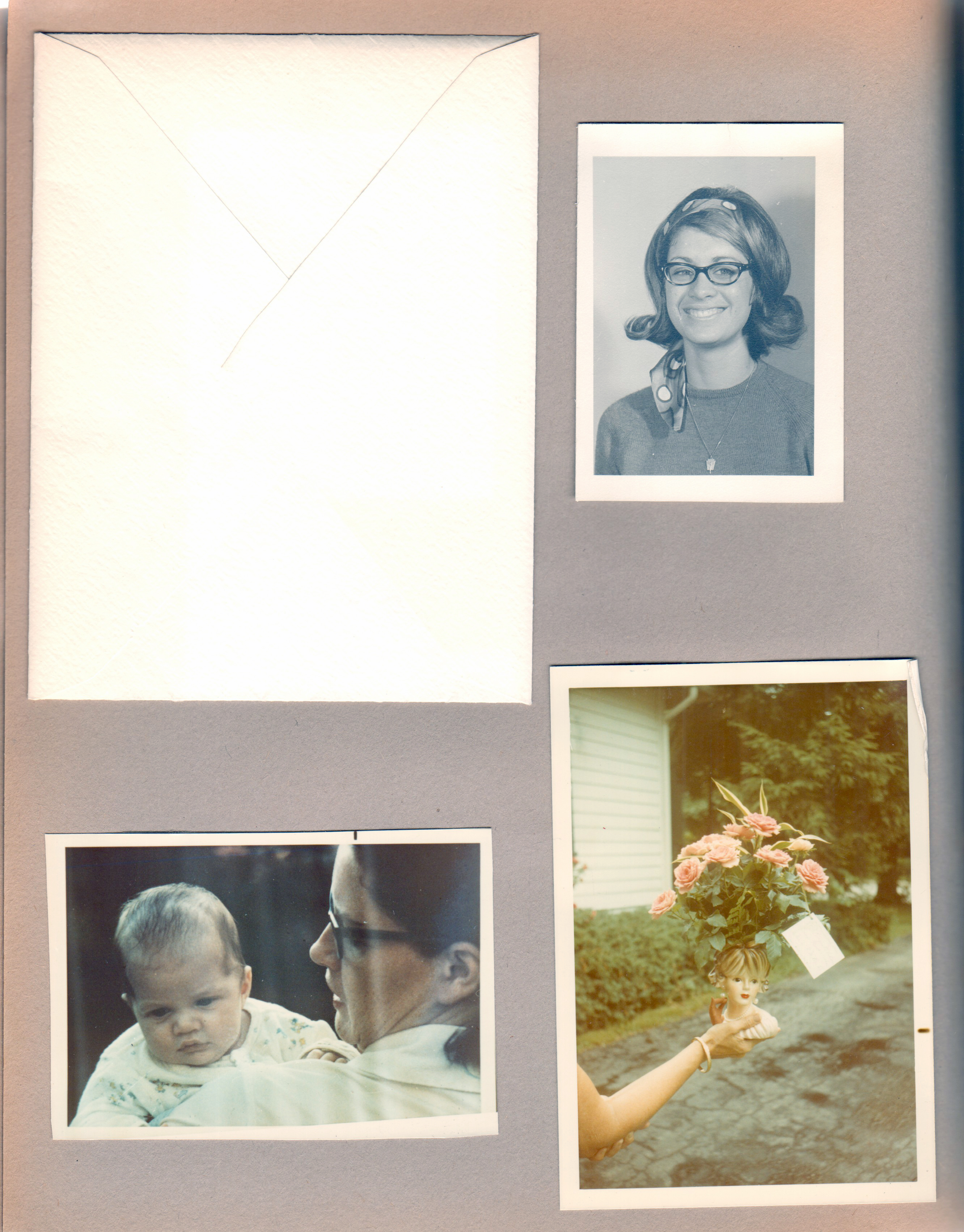 portrait - Susan. Helen Morgan and baby Greg. Susan's flowers in woman's head vase on TV