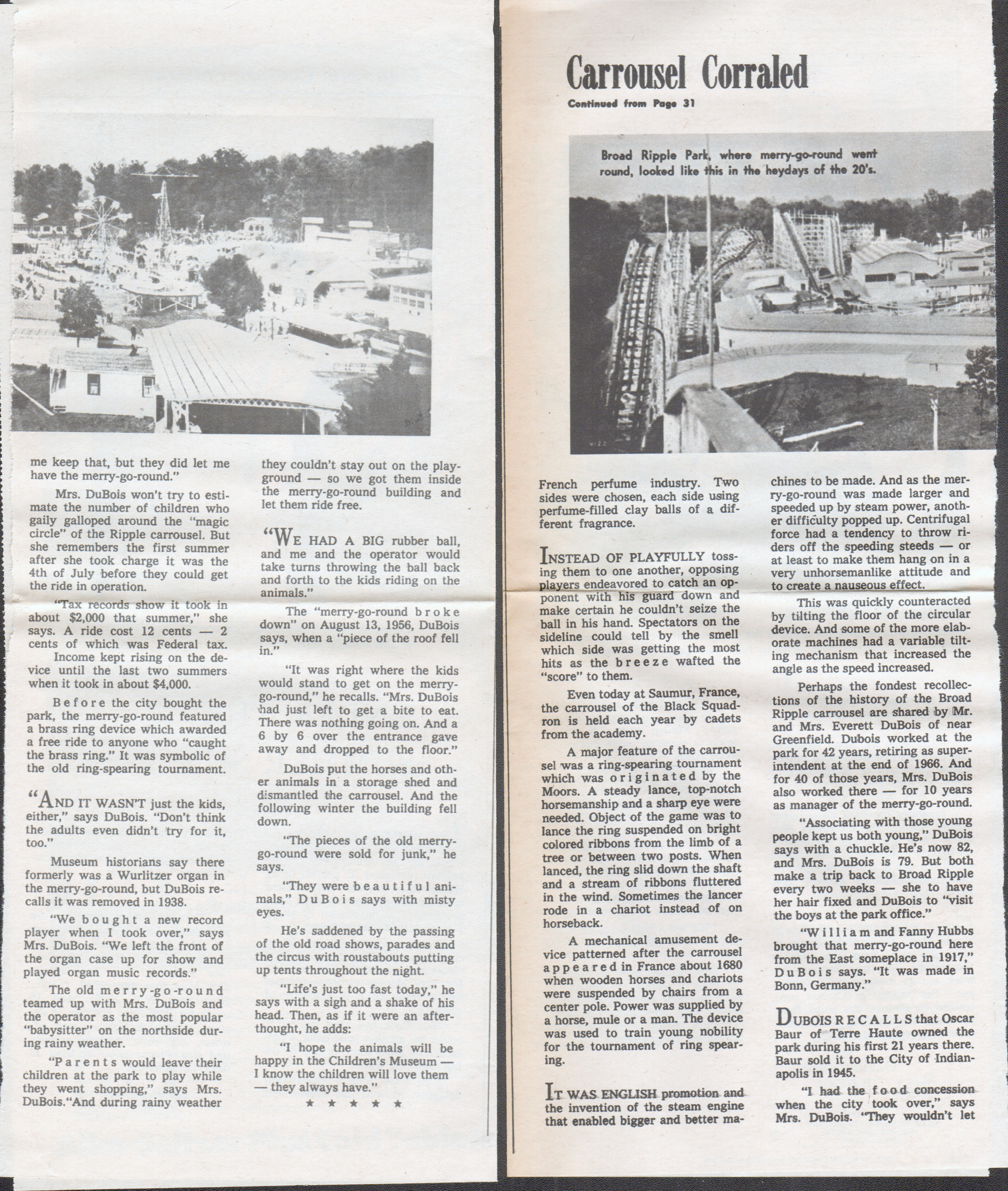 newspaper clipping - Broad Ripple Park White City amusement - Carrousel Corraled - Children's Museum merry go round