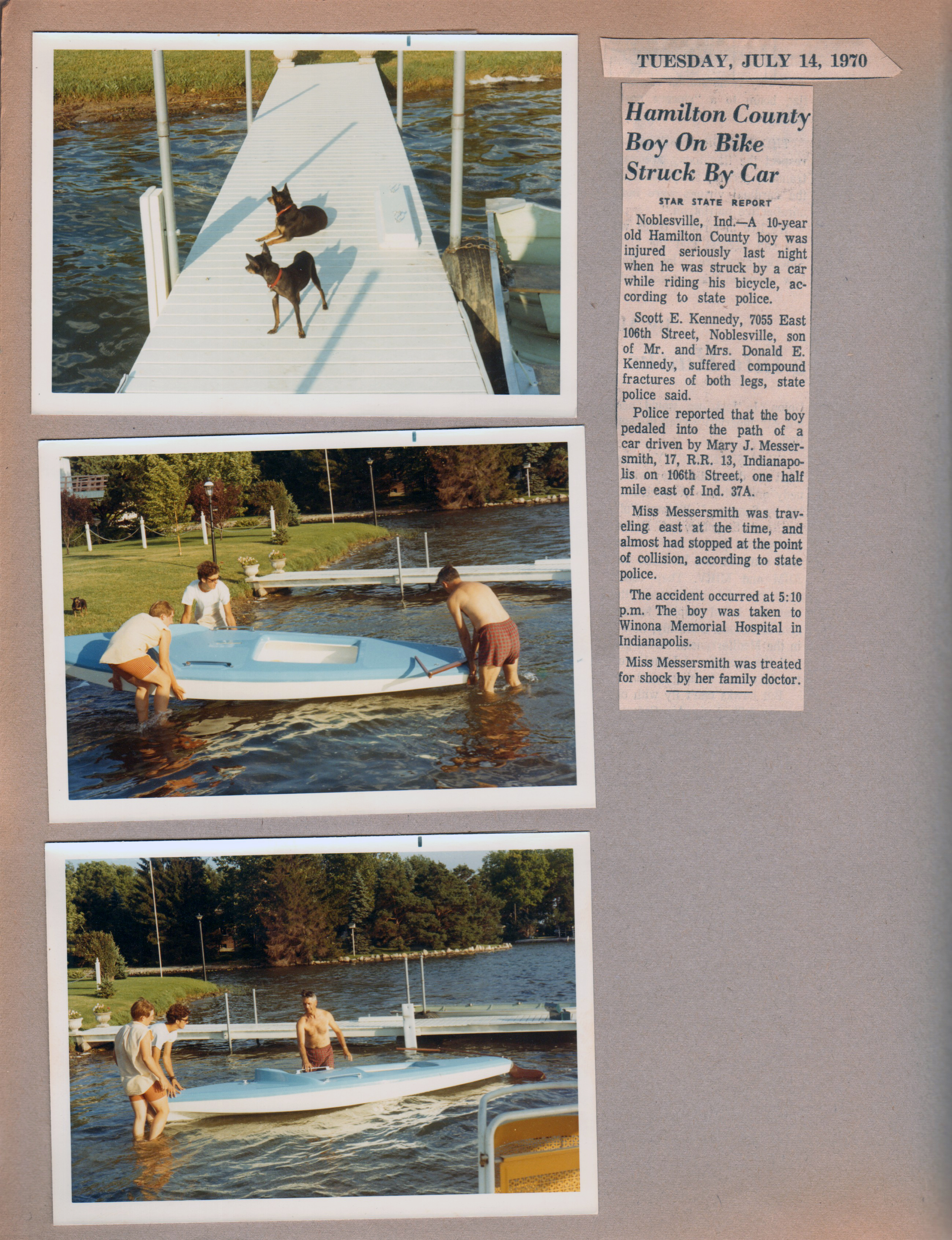Wawasee - Princess and Shakespeare on dock. John and others putting Lugar sailboat in lake. newspaper clipping - Scott Kennedy struck on bike - Mary Messersmith driving.