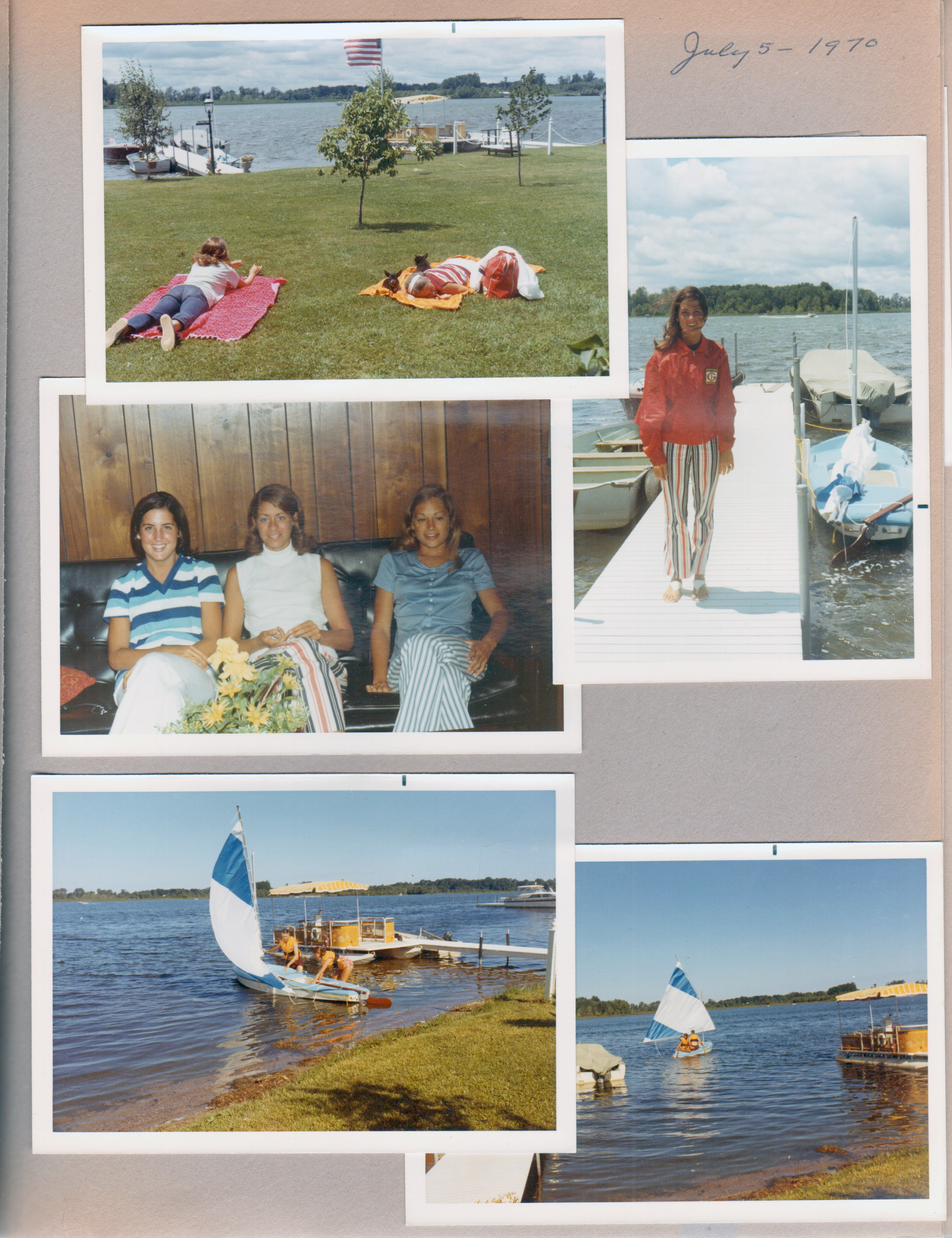Wawasee - sunbathing in yard. Maybe Susan Krise. Susan and Susan Tuck on sofa. Lugar sailboat.