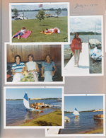 Wawasee - sunbathing in yard. Maybe Susan Krise. Susan and Susan Tuck on sofa. Lugar sailboat.