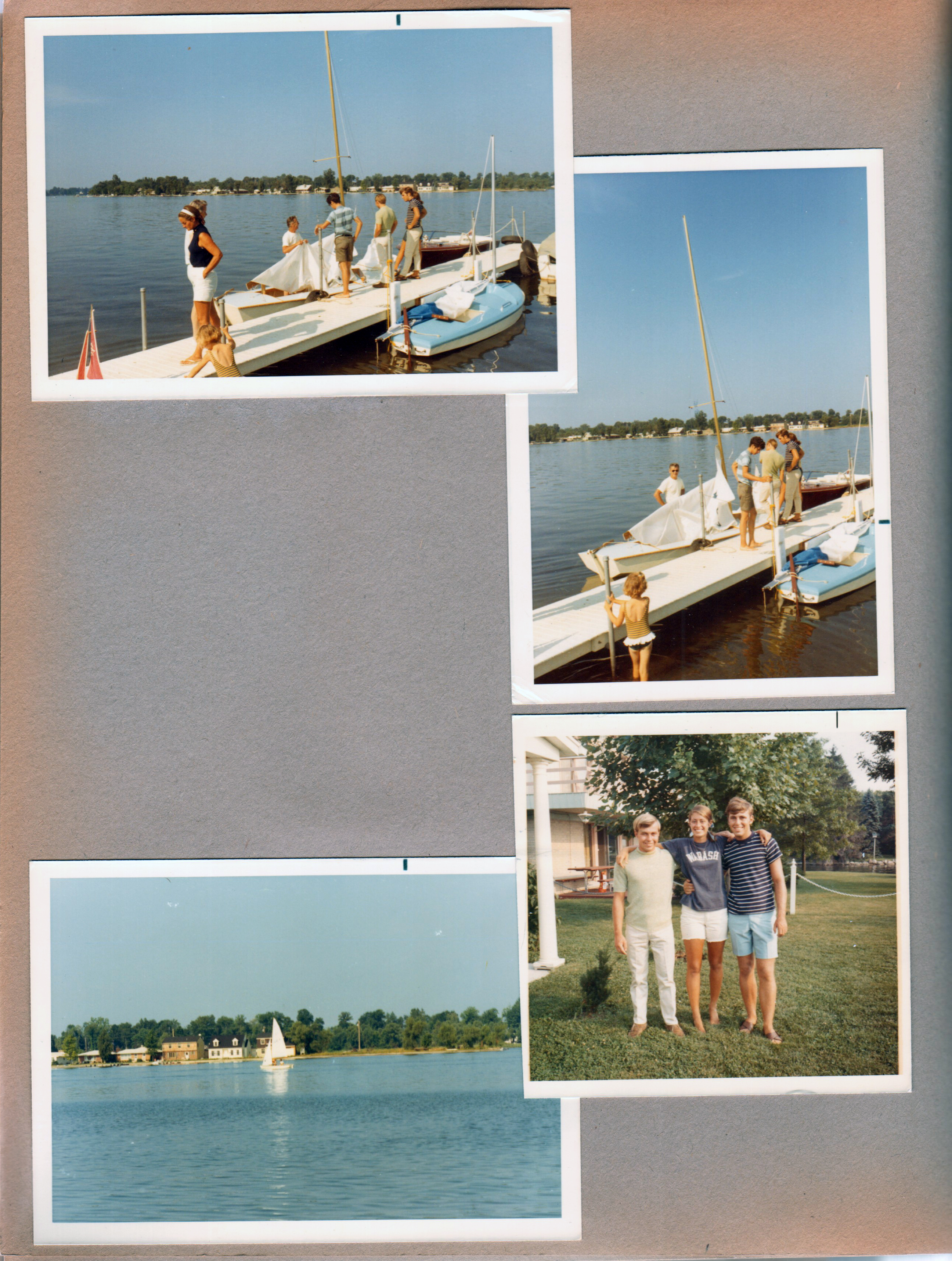 Wawasee - Johnson Bay - Front yard and dock. Bud and Pat Overstreet - Tom, Bruce, Jenny. Susan and Peter and Philip Gibson on dock. Peter, Susan, Philip in yard.