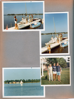 Wawasee - Johnson Bay - Front yard and dock. Bud and Pat Overstreet - Tom, Bruce, Jenny. Susan and Peter and Philip Gibson on dock. Peter, Susan, Philip in yard.