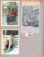 6122 yard - Steve Chaillard and Alan in Koolaid stand. newspaper clipping - demolition of Loew's Theater. Riviera Club - Alan reading Mechanics Illustrated magazine at Rivi