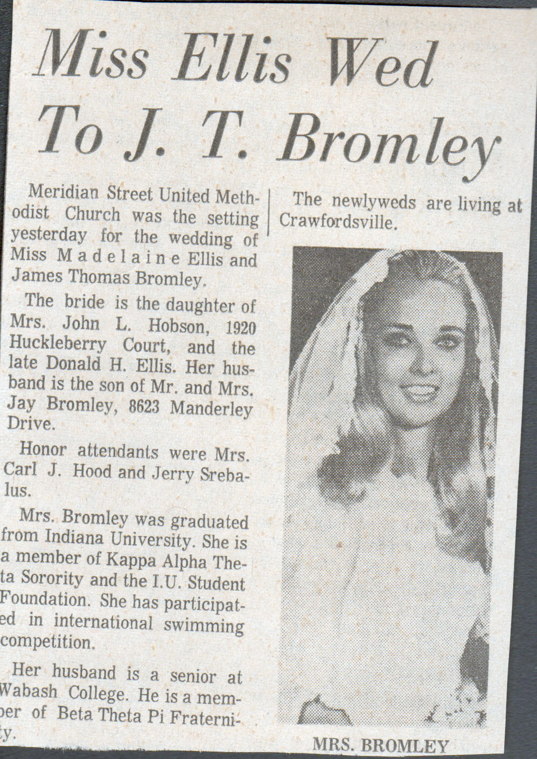 newspaper clipping - Madelaine Ellis Hobson? wedding