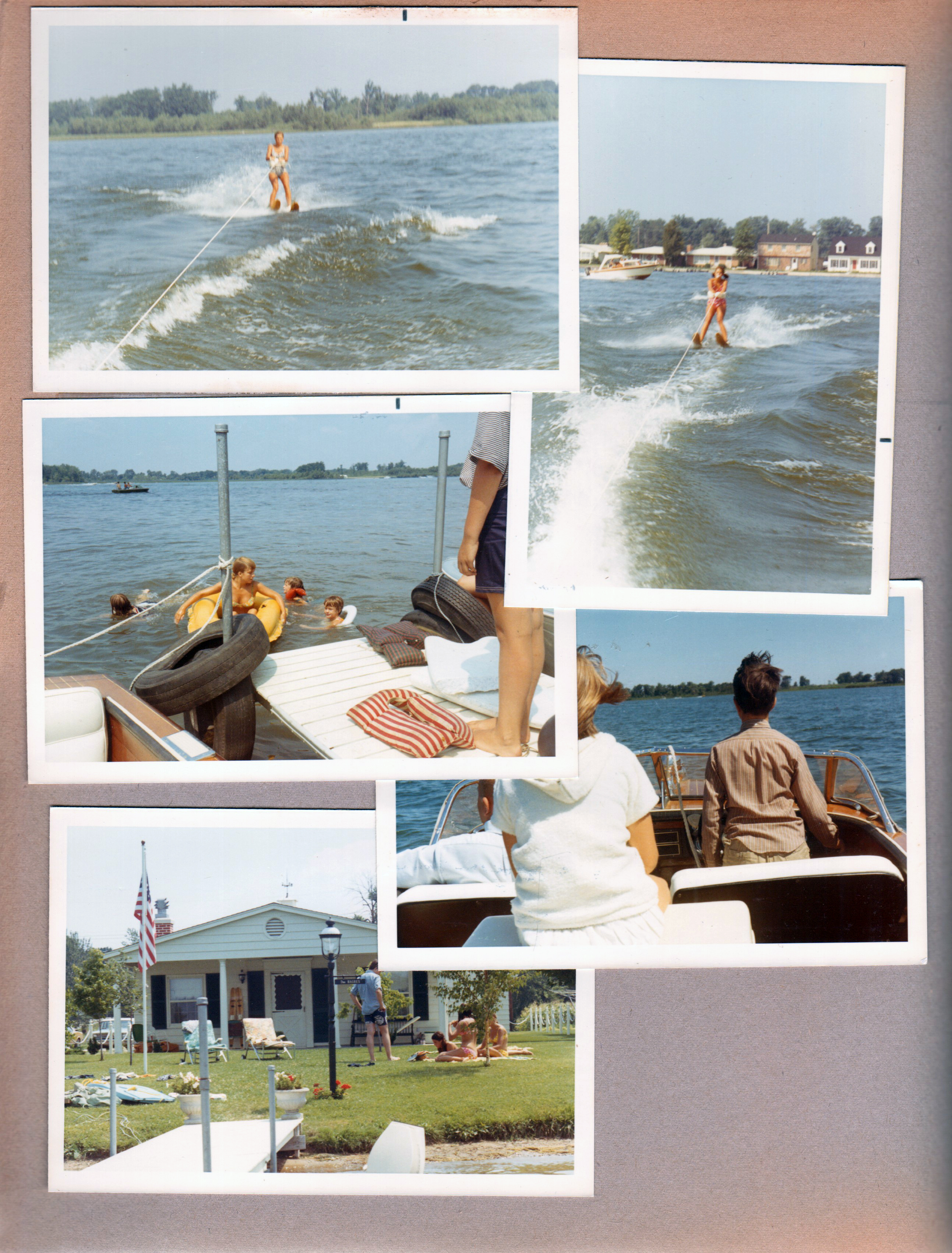 Wawasee - Johnson Bay - skiing. Kids in water. Alan and Cindy in Chris Craft. Yard and house.