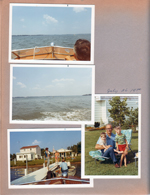 Wawasee - main lake in Chris Craft. Warren with Bill and Joe Letsinger in front yard. From pier - Sprague and Hague houses