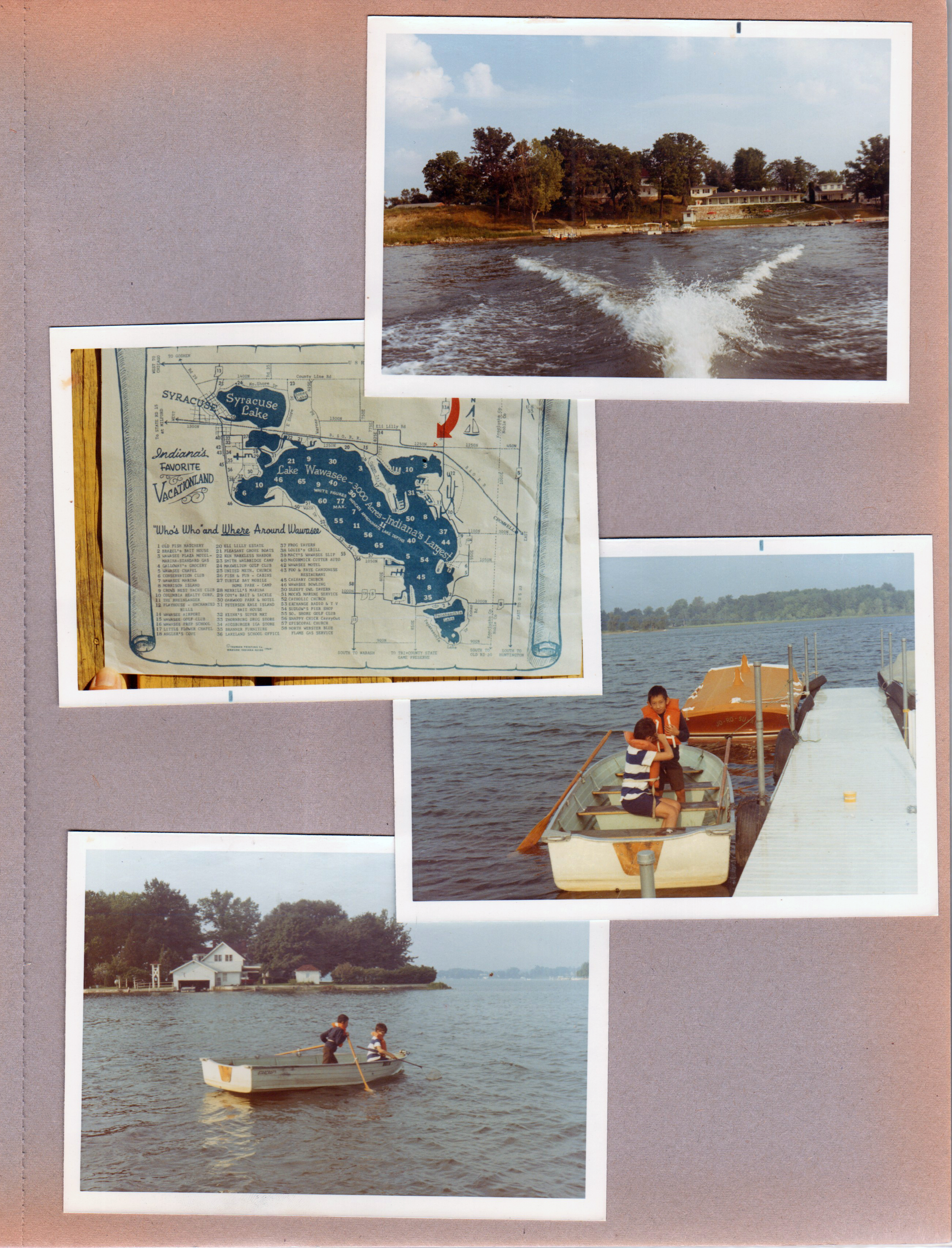 Wawasee - wake behind boat - Crow's Nest?. Map of lake. Alan and Steve Chaillard in rowboat.