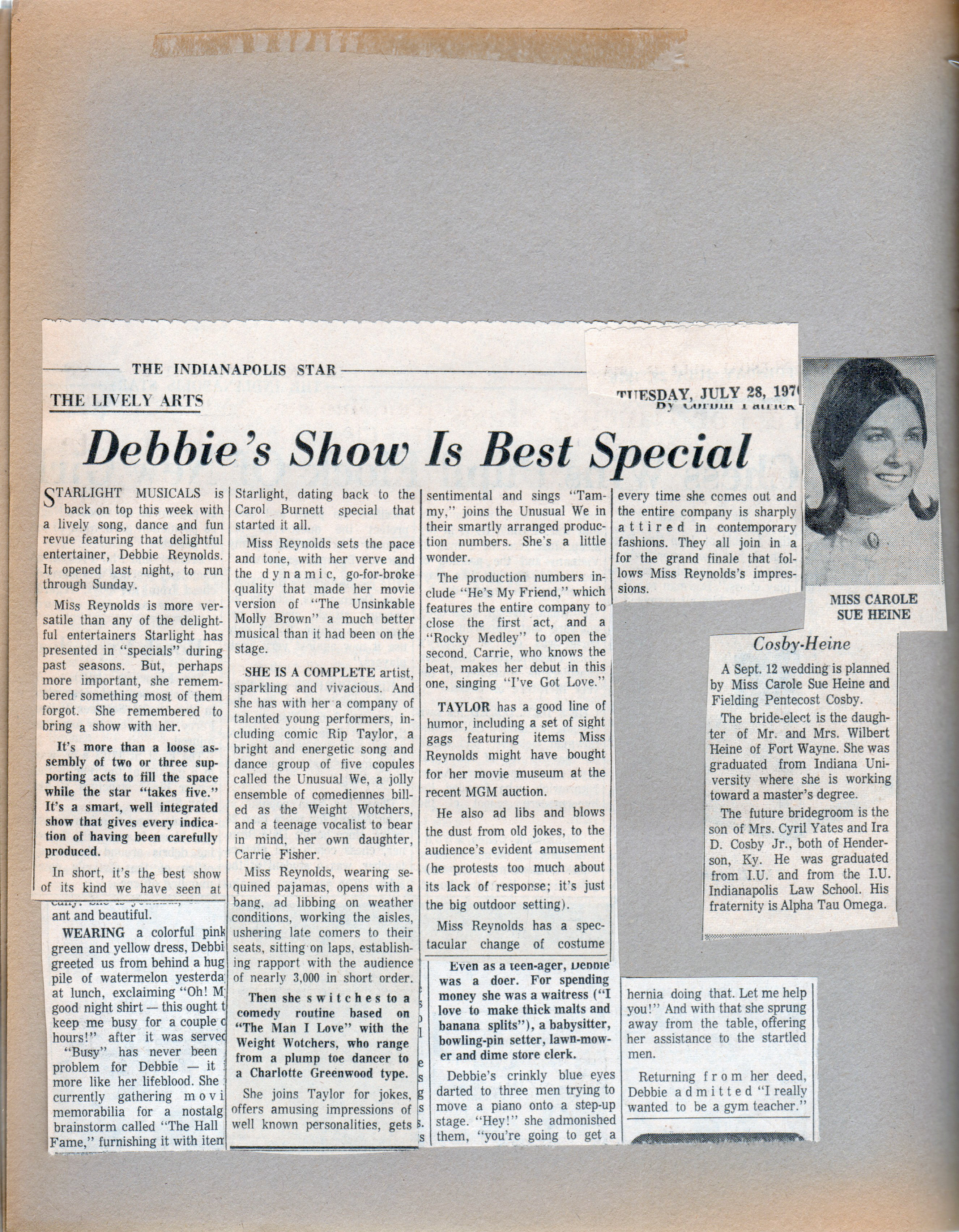 newspaper clipping - Starlight Musicals - Debbie Reynolds. Carole Sue Heine wedding.