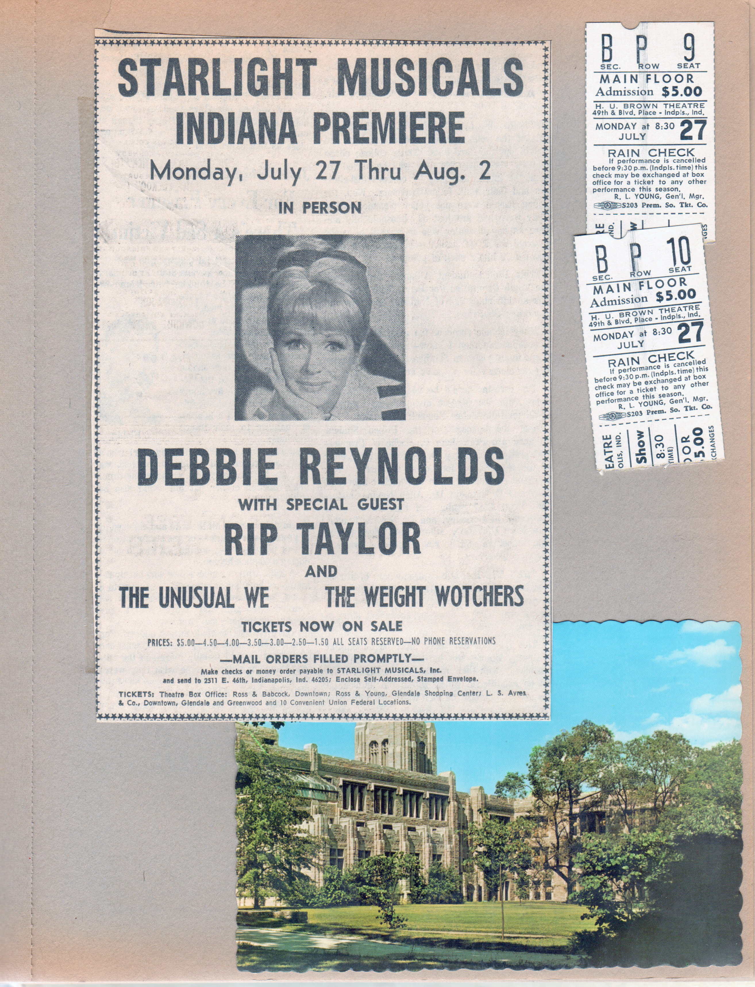 newspaper clipping - Starlight Musicals - Debbie Reynolds. Tickets. postcard Butler University - Jordan Hall 30837-C