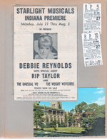 newspaper clipping - Starlight Musicals - Debbie Reynolds. Tickets. postcard Butler University - Jordan Hall 30837-C