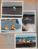 Wawasee - Lugar Sailboat. Michael and Peter Gibson sailing. Water skiing. Tom Osborne in a Chris Craft.
