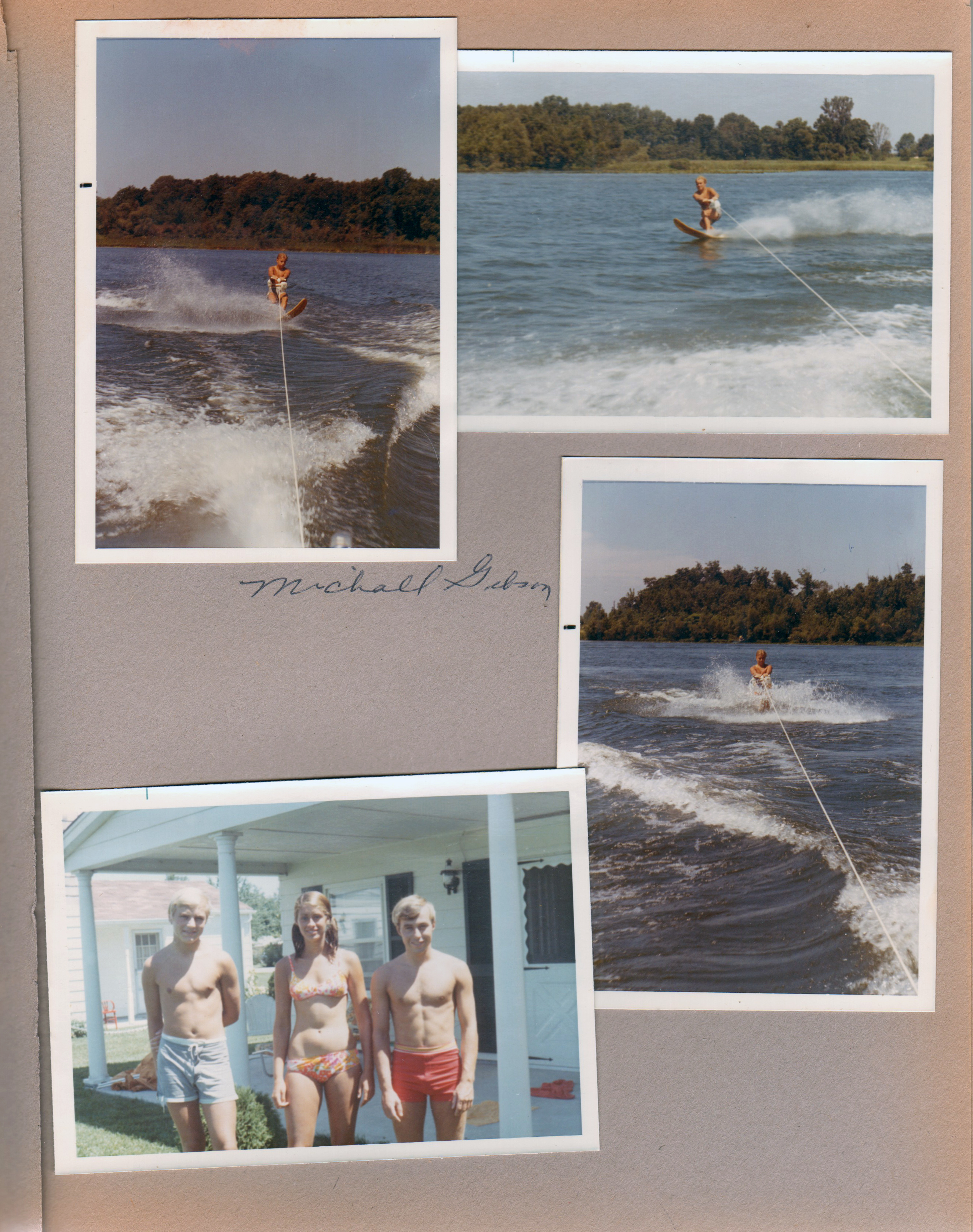 Wawasee - Michael Gibson Water skiing. Michael, Susan and Peter at porch.