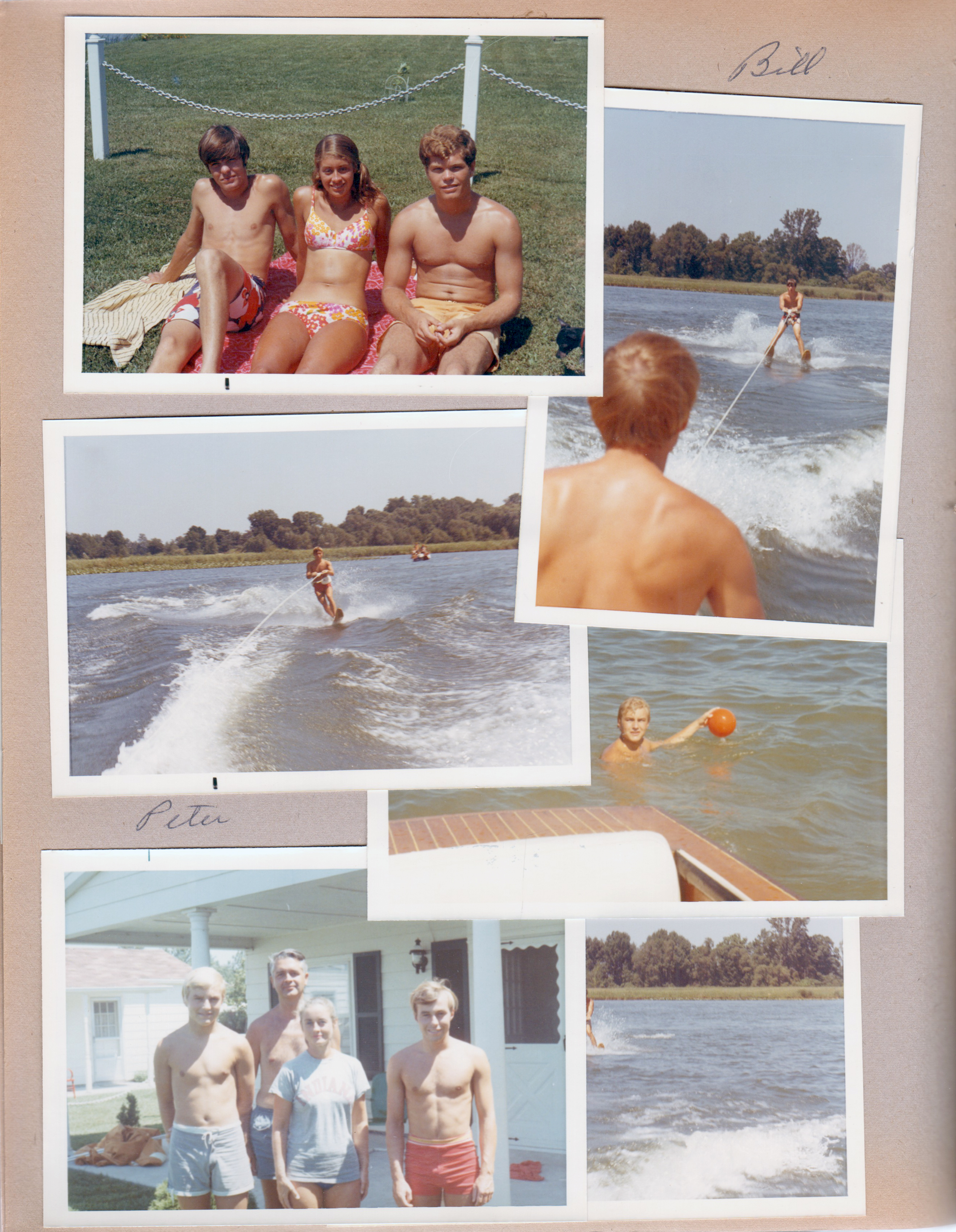 Wawasee - Bill, Susan, Jim in yard. Bill Quatman skiing. Peter with basketball at sand bar. By porch - Michael, John, Rosemary, Peter.