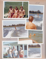 Wawasee - Bill, Susan, Jim in yard. Bill Quatman skiing. Peter with basketball at sand bar. By porch - Michael, John, Rosemary, Peter.
