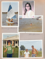 Wawasee - Lugar Sailboat - Rosemary and Michael sailing. Jim in water. Alan with bass by porch. Peter and John at marina. portrait Cindy Morgan.