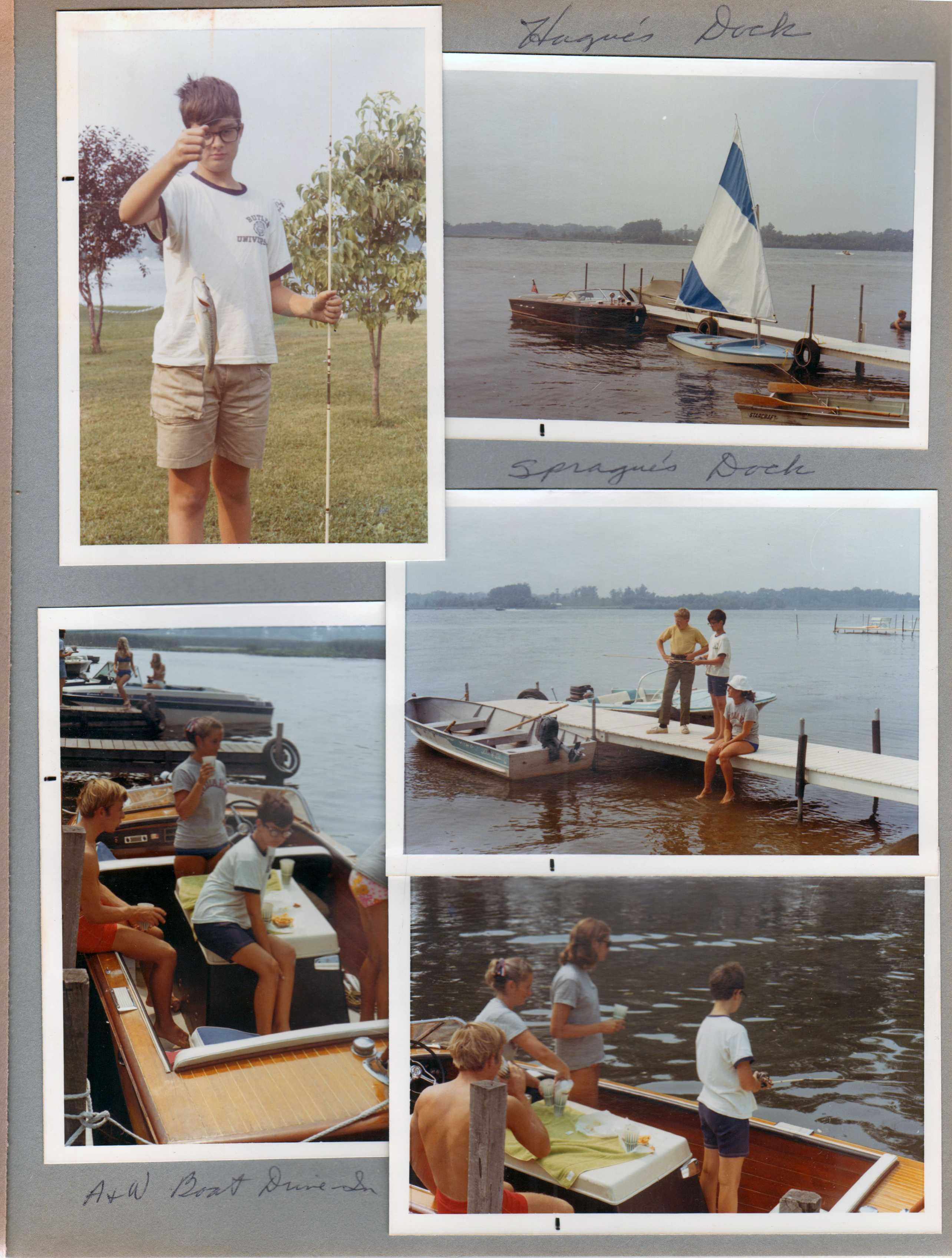 Wawasee - Alan with bass. Chris Craft, Lugar Sailboat, rowboat. A&W boat drive in - Peter, Rosemary, Alan. Susan.
