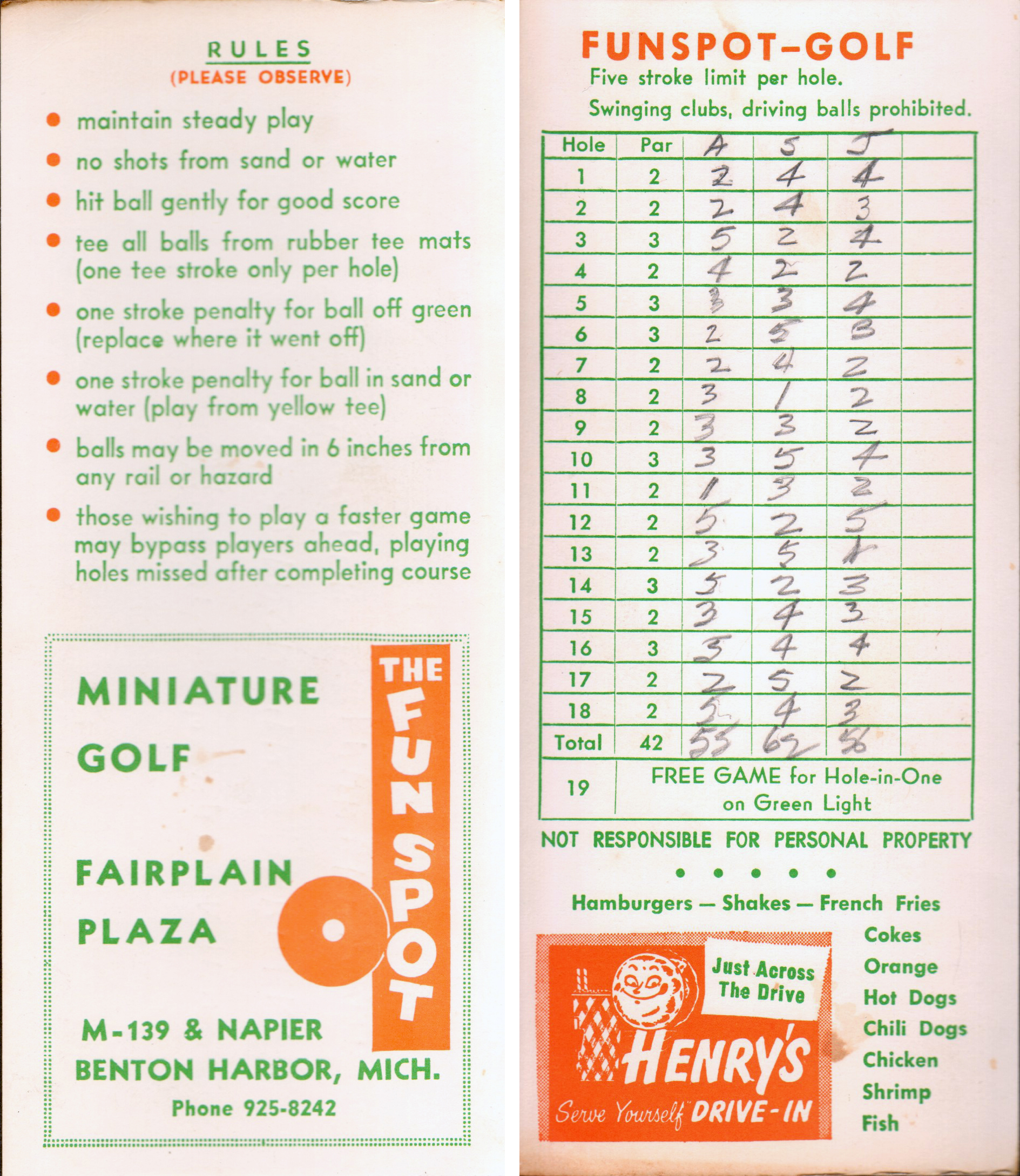Chalet on the Lake - The Fun Spot miniature golf - Benton Harbor - score card