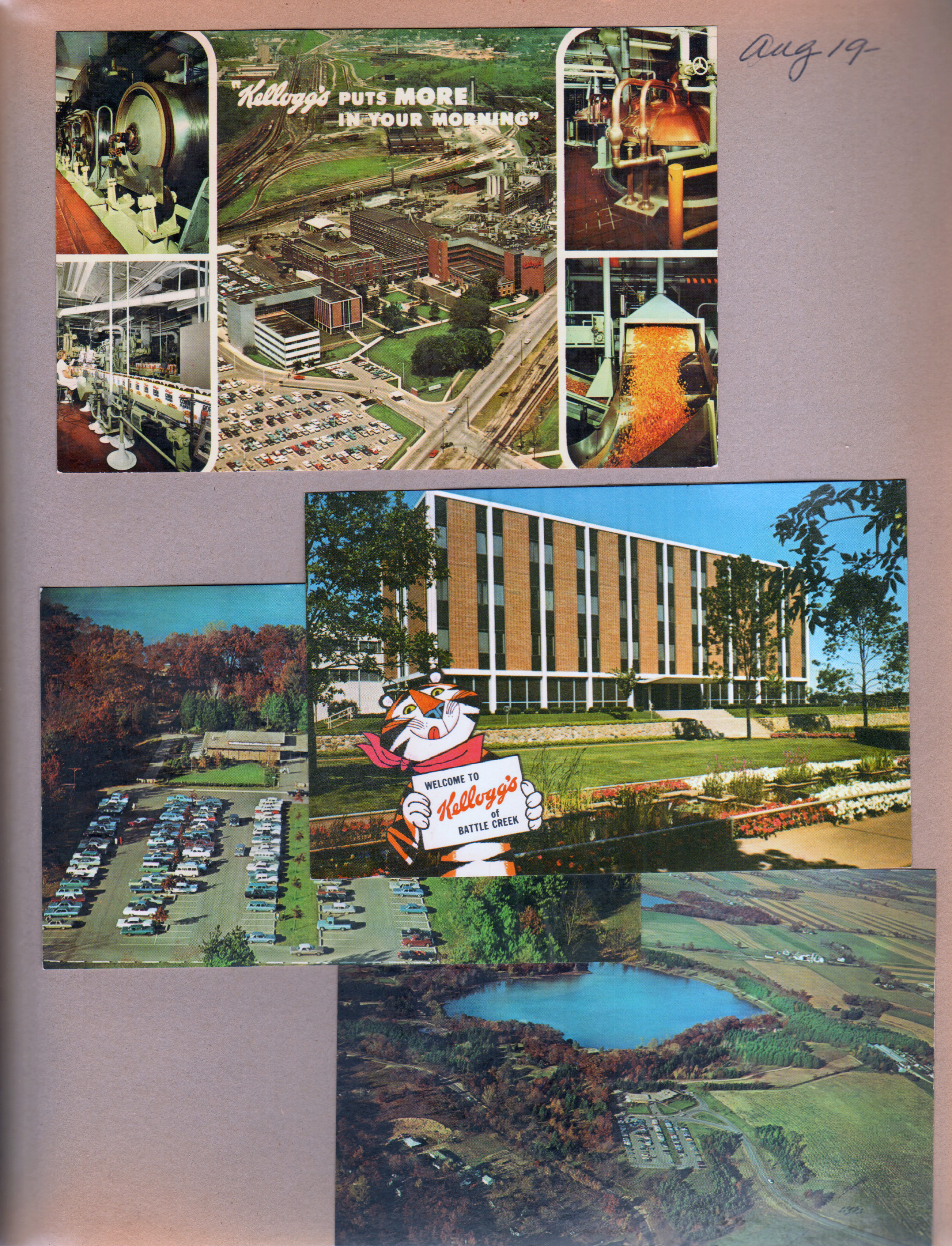 postcard Kellogg puts more in your morning 999-9-2605 D-15846. postcard Welcome to Kellogg's of Battle Creek 999-8-2608-I P73946. postcard Reception Center, Kellogg Bird Sanctuary aerial 97902-B. postcard Kellogg Bird Sanctuary and farm aerial 97901-B