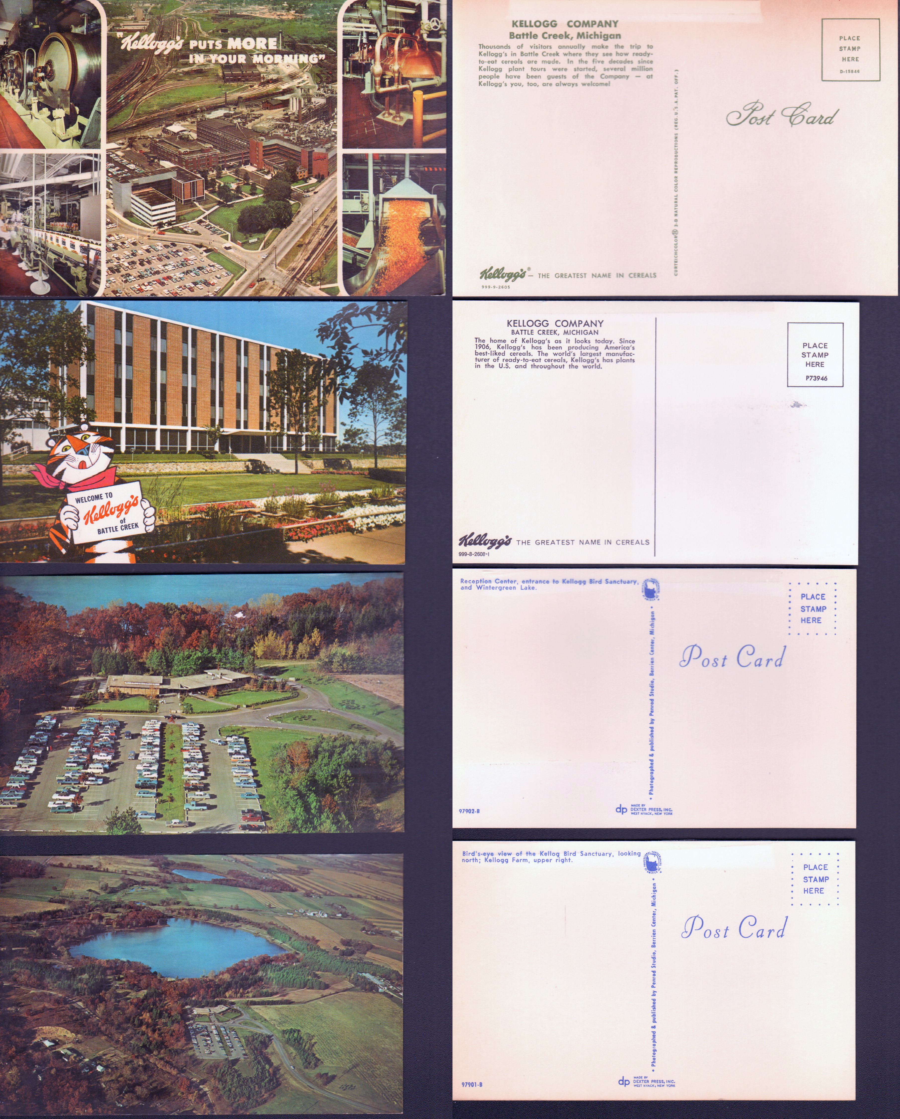 postcard Kellogg puts more in your morning 999-9-2605 D-15846. postcard Welcome to Kellogg's of Battle Creek 999-8-2608-I P73946. postcard Reception Center, Kellogg Bird Sanctuary aerial 97902-B. postcard Kellogg Bird Sanctuary and farm aerial 97901-B