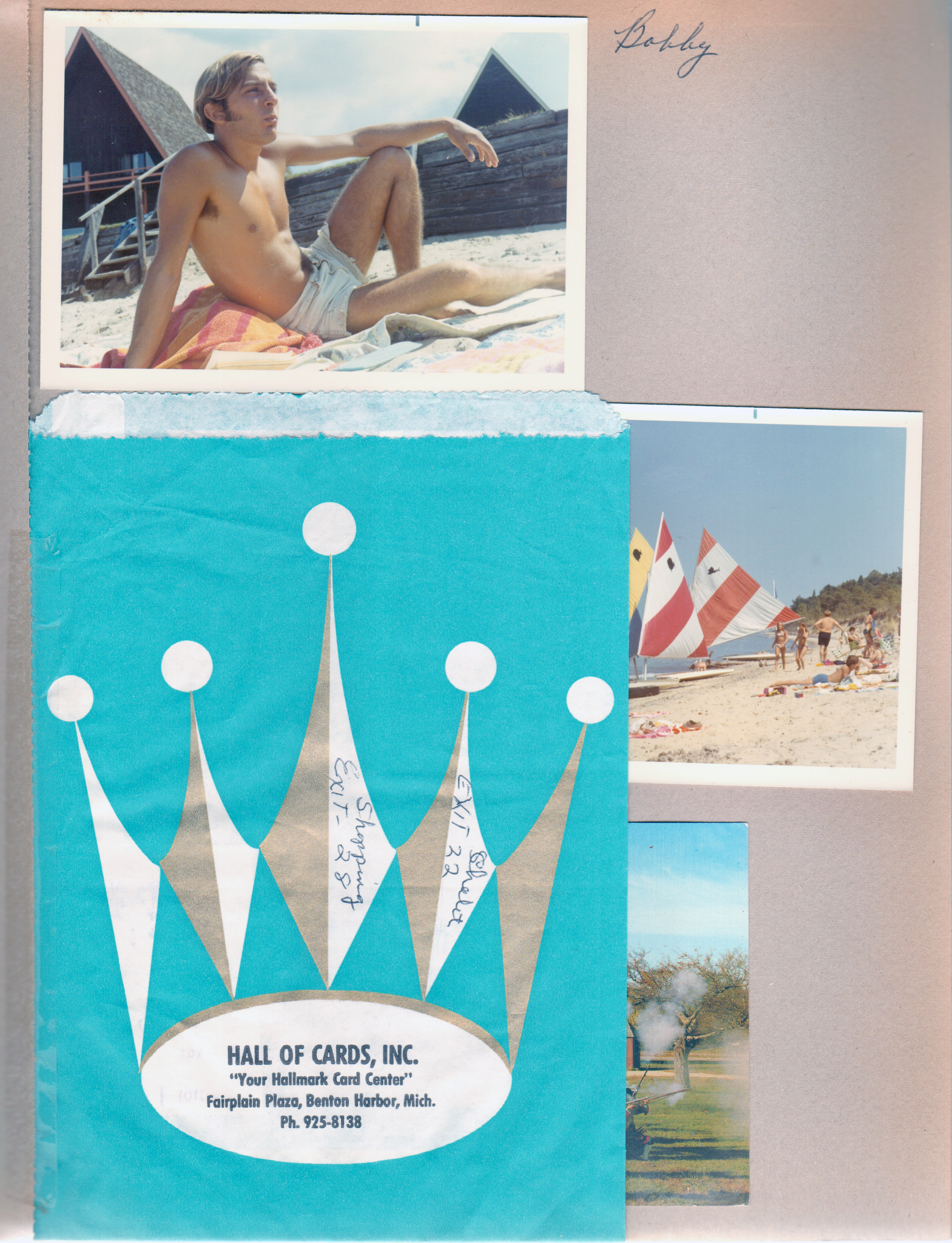Chalet on the Lake - on the beach - Bobby. Hall of Cards - Hallmark store bag - Benton Harbor.